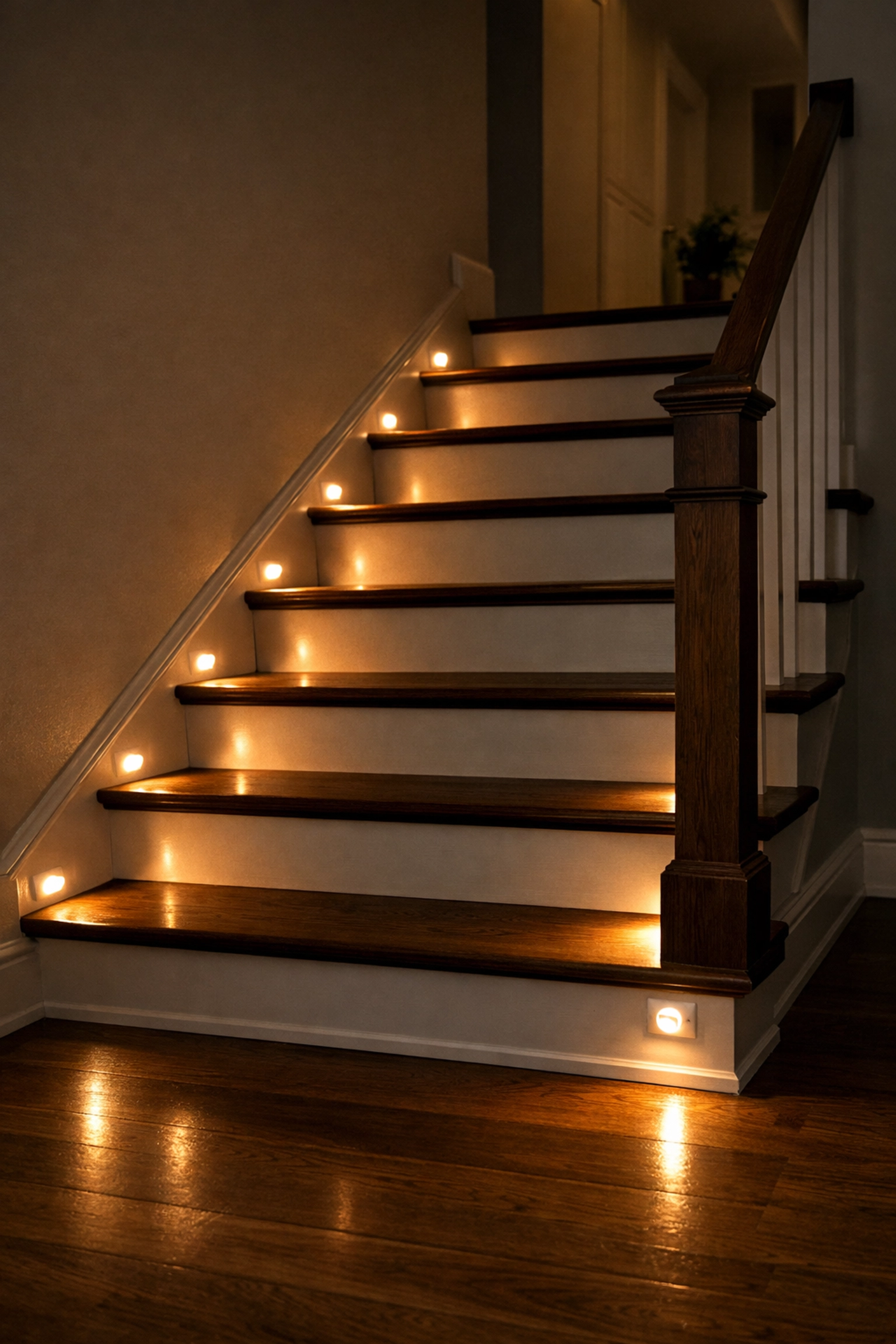 Motion-sensor LED lights mounted on stair baseboards to illuminate steps and improve visibility at night.