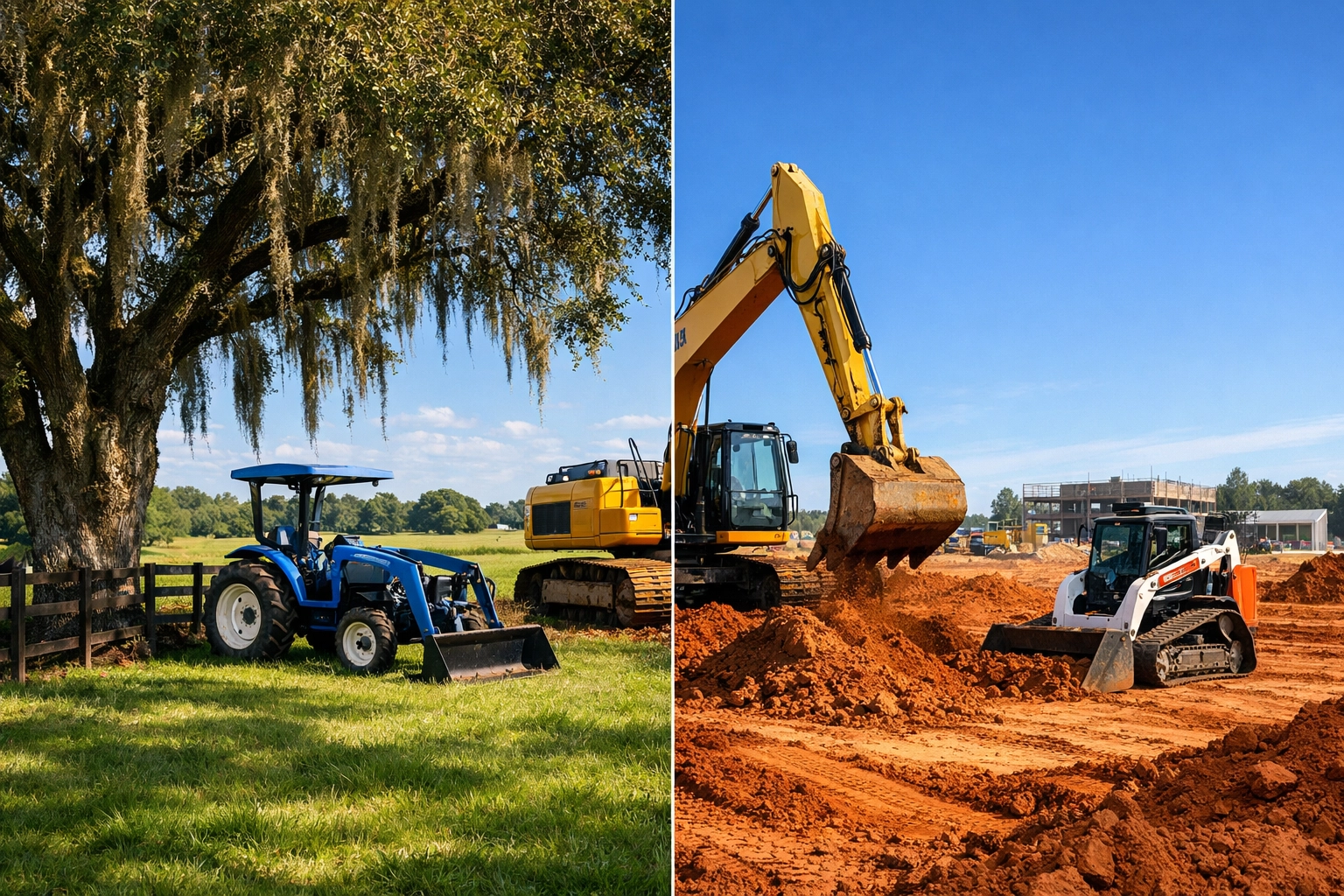 Split view of a blue farm tractor in a pasture and heavy construction equipment on an Ocala job site.