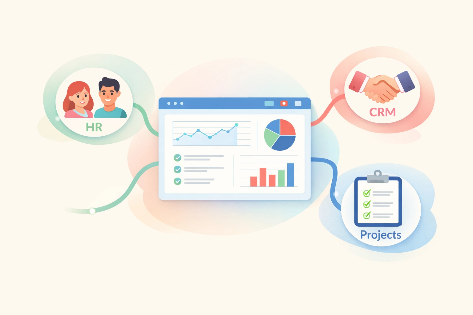 Unified business platform dashboard connecting HR, CRM, and project management seamlessly
