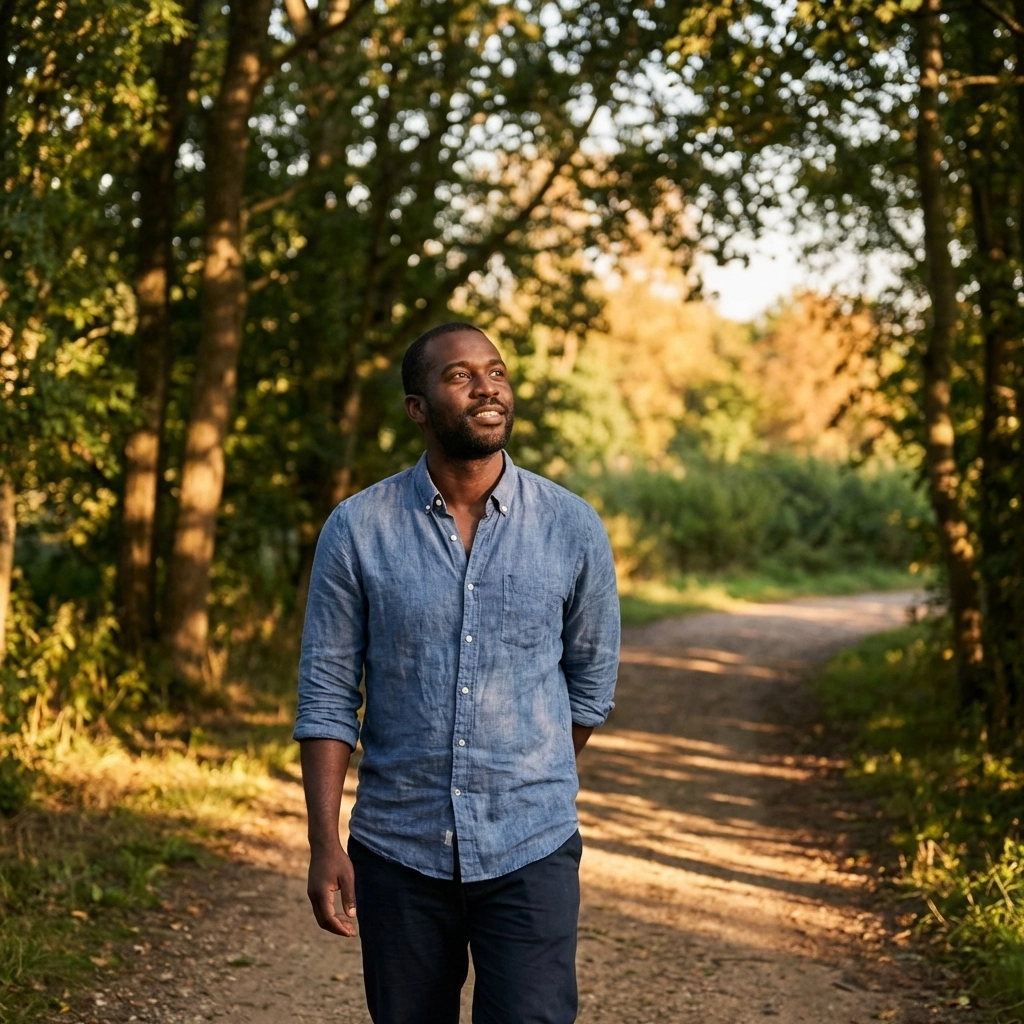 Man enjoying a mindful sunset walk on a wooded path, embodying unplugging and faith-centered relaxation.