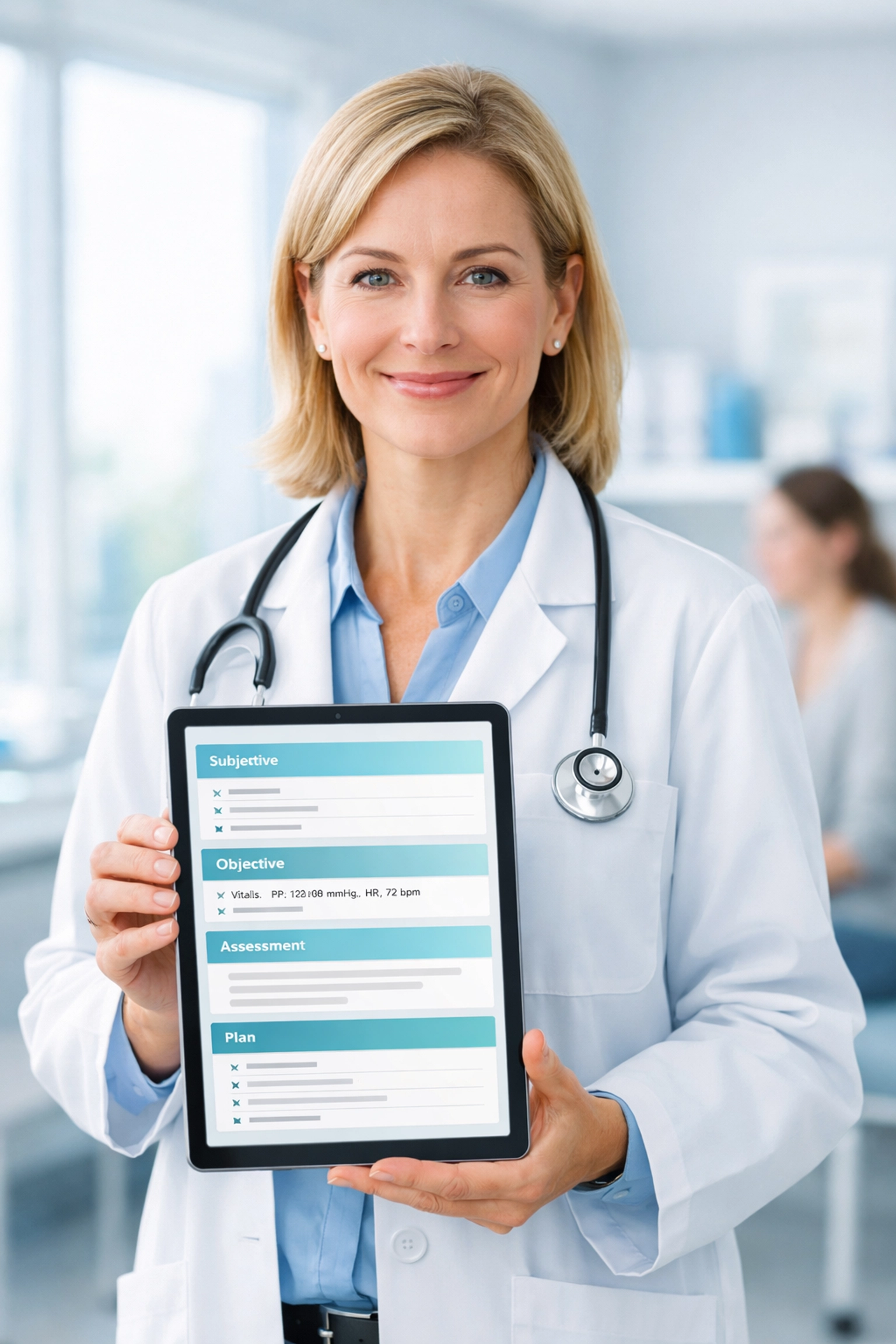 A physician using an AI SOAP note generator on a tablet to automate structured clinical documentation.