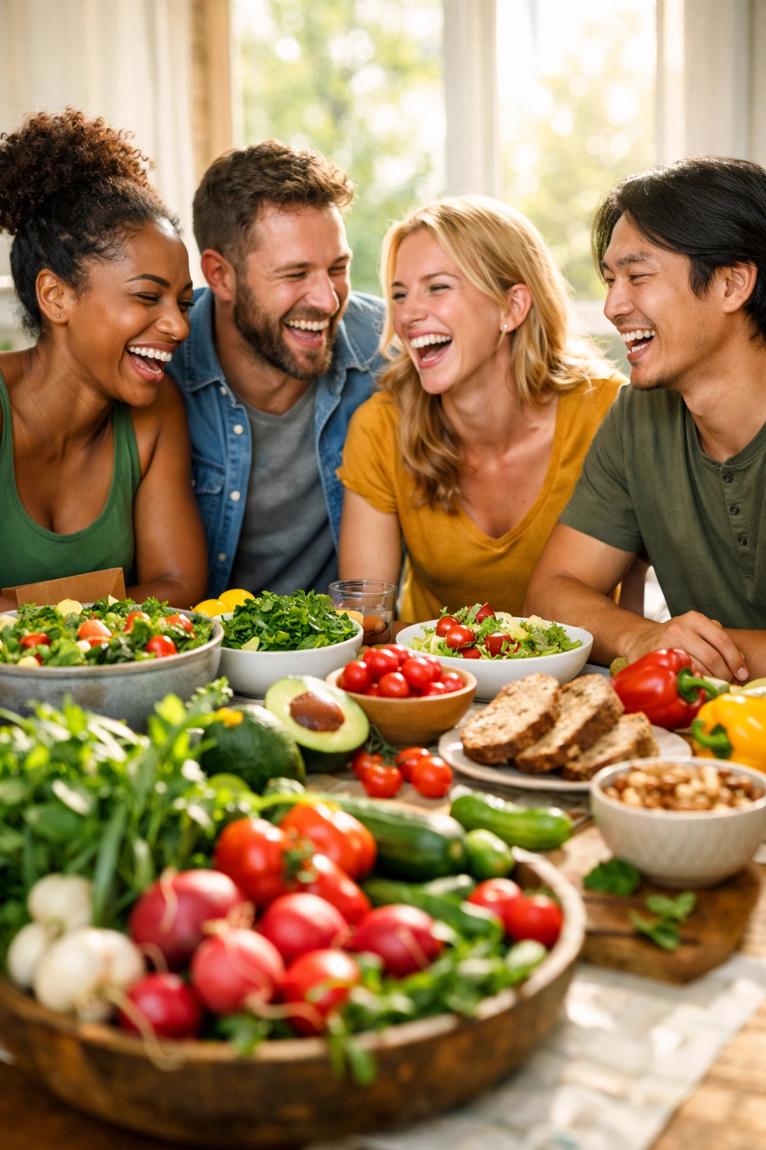 Friends sharing fresh vegetables and herbs around kitchen table promoting healthy eating and wellness
