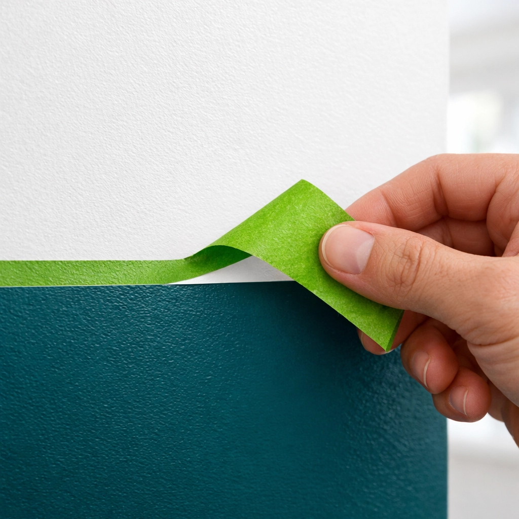 Professional painter creating a sharp line on a teal two-tone wall with masking tape.