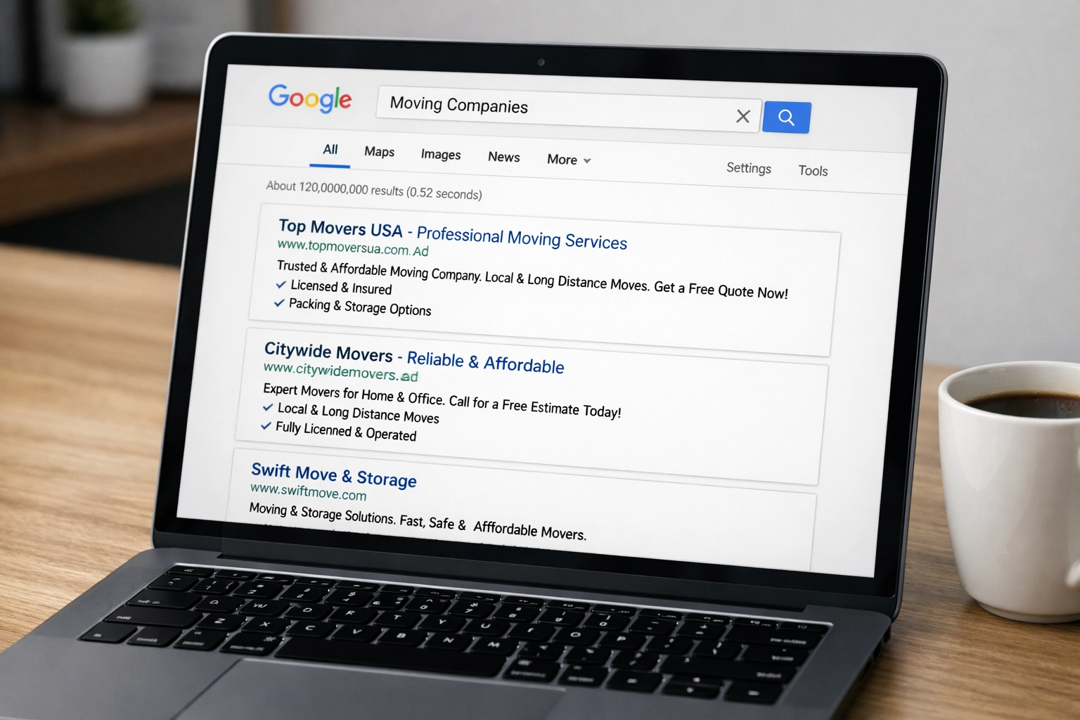 Google search results showing top moving company listings on laptop screen