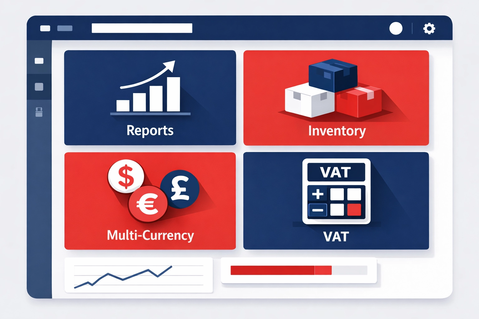 Accounting software features including VAT, inventory, and reporting tools