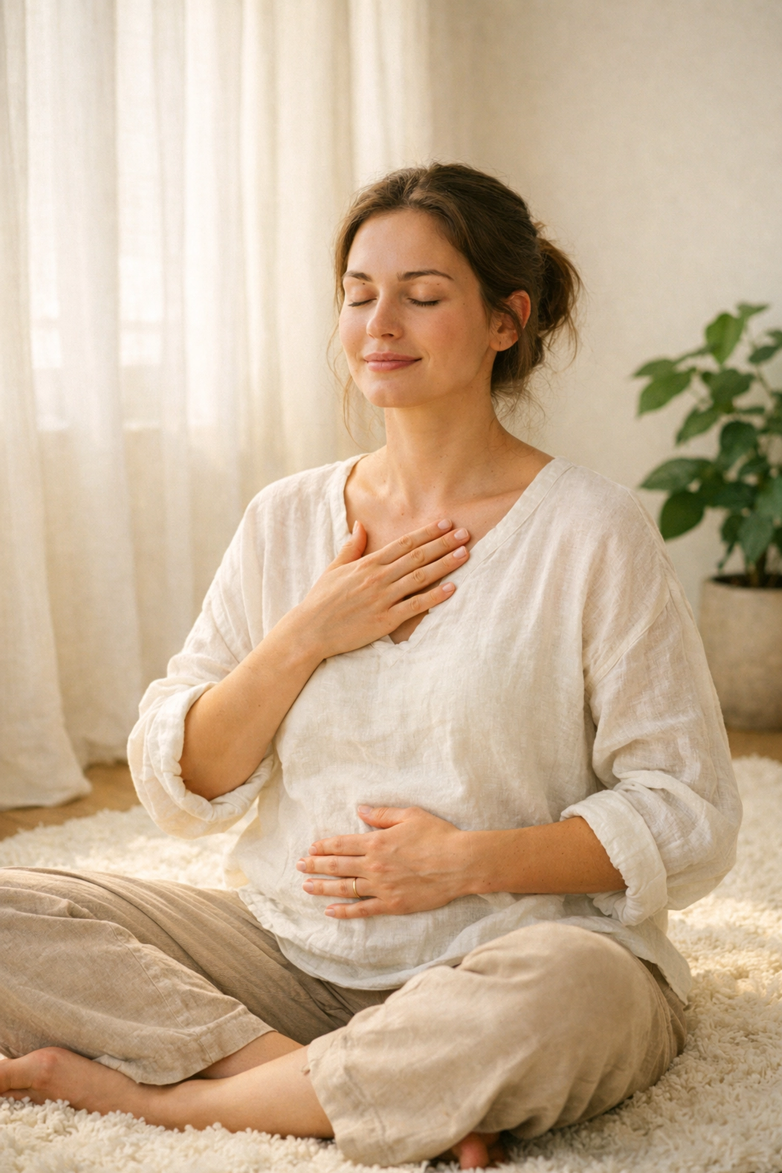 A person sitting mindfully in a quiet room, practicing somatic movement to listen to their body and build wisdom.