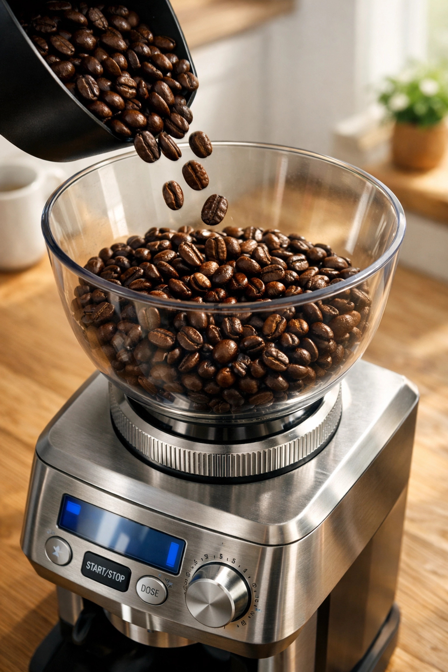 A premium burr coffee grinder on a wooden counter with fresh beans being poured into the hopper.
