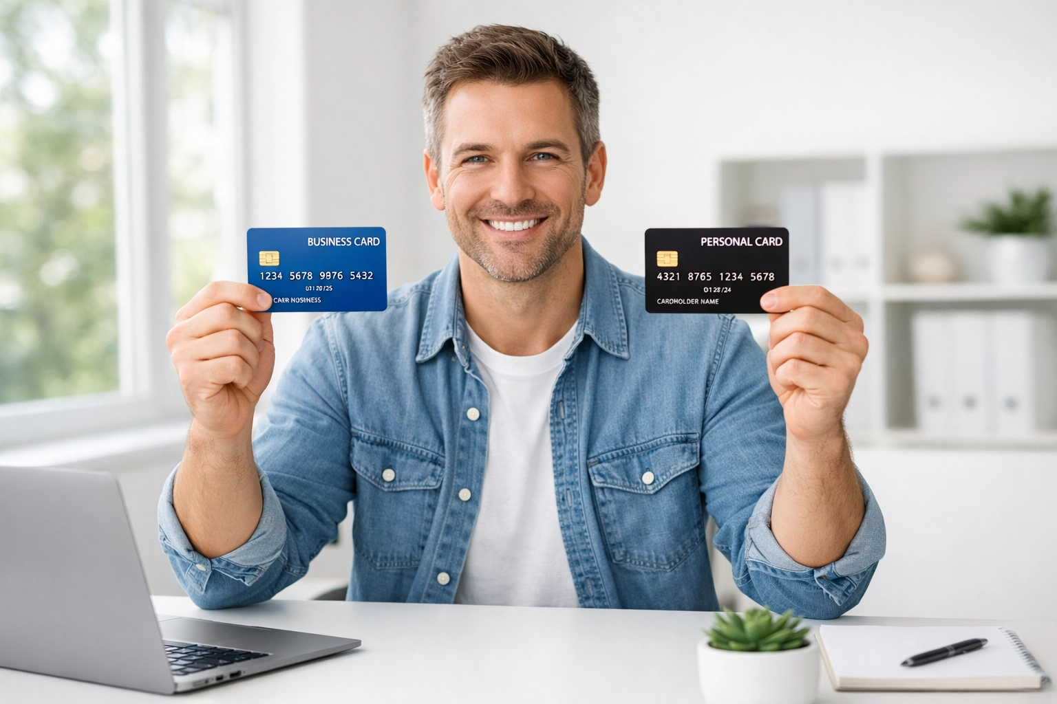 Business owner holding separate personal and business credit cards for proper expense tracking