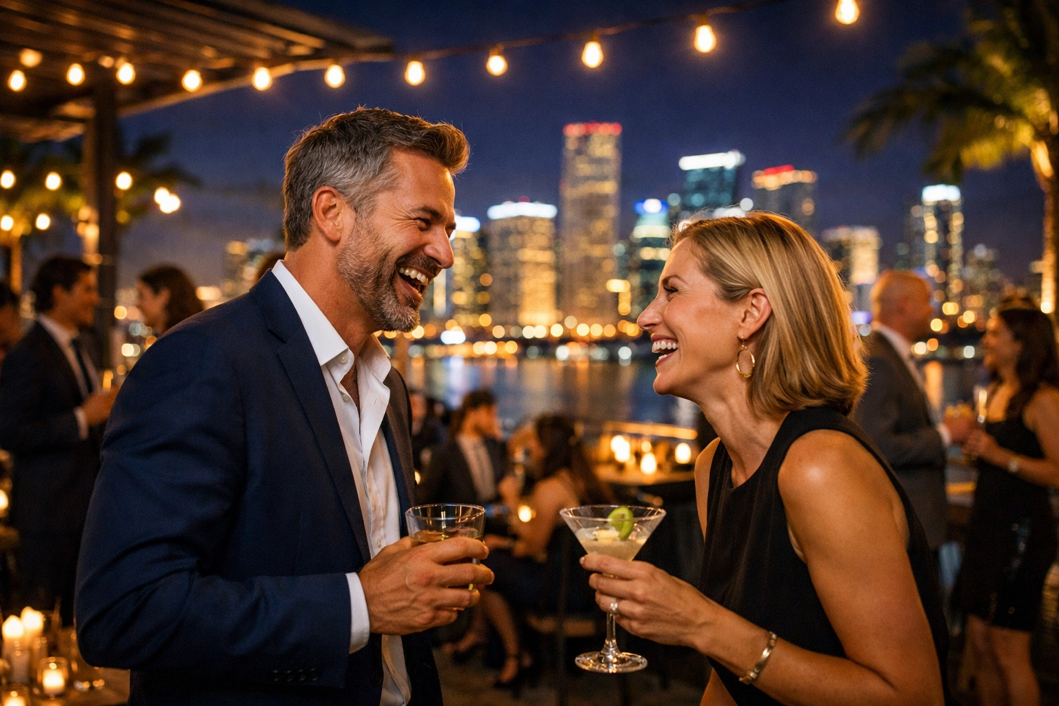 Commercial photographer miami captures a sophisticated corporate cocktail event on a Miami rooftop at twilight.