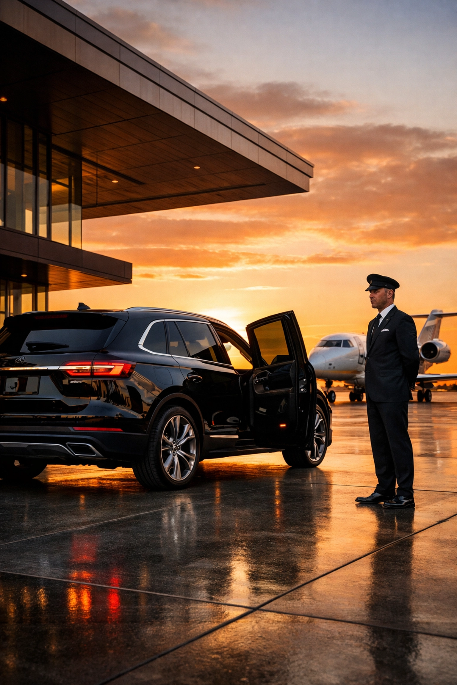 PRESS RELEASE: 7 Mistakes You’re Making with Super Bowl Brand Visibility (And How USA Entertainment Travel Fixes Them Instantly) Chauffeur standing by a luxury SUV at a private jet terminal for Super Bowl executive travel.