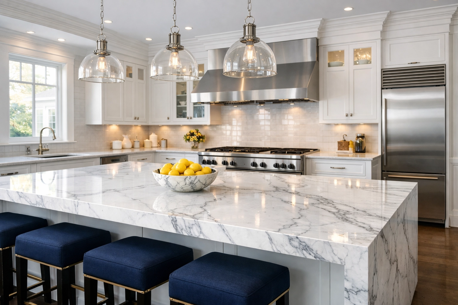 Pristine Dover kitchen with polished marble countertops representing luxury residential cleaning Massachusetts.