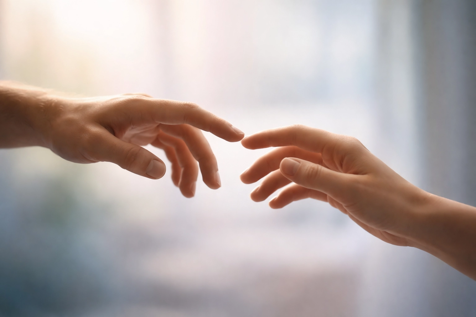 Hands almost touching to represent building connection and resolving relationship stress through empathy and communication.