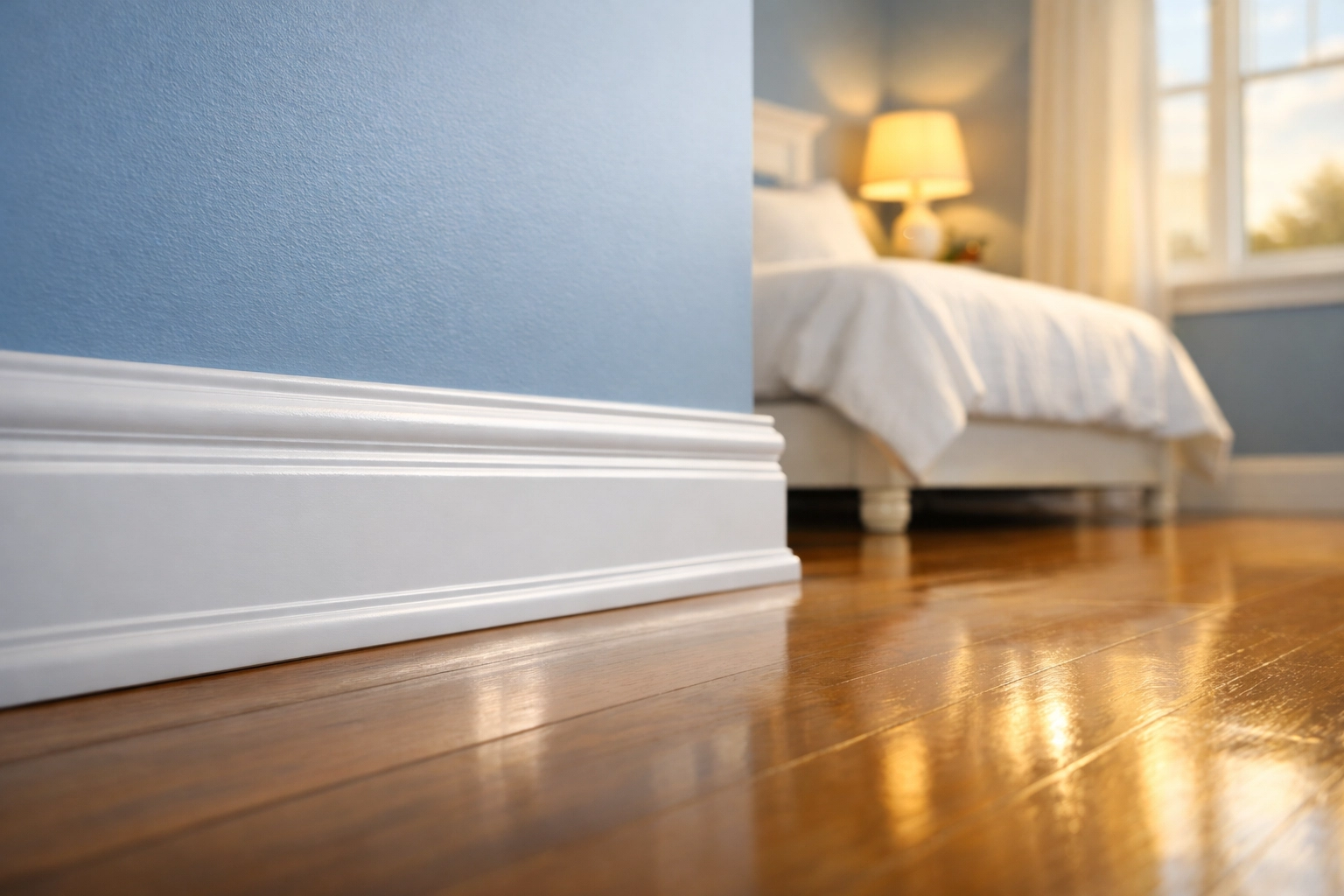 Cleaned white baseboards and polished hardwood floors from a move-out cleaning Worcester MA service.