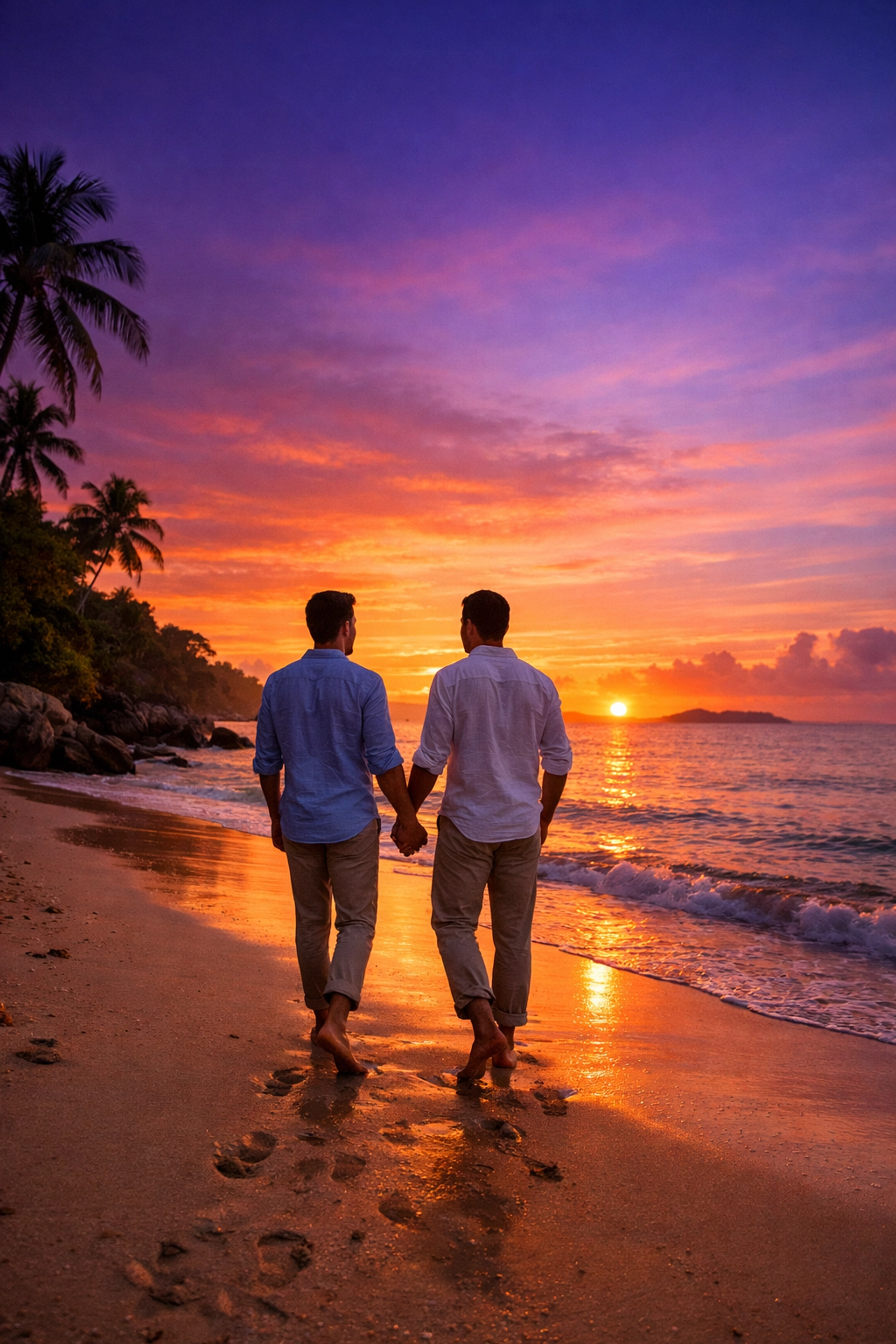 Two men walking hand-in-hand on a beach at sunset, depicting a beautiful HEA in an MM romance book.