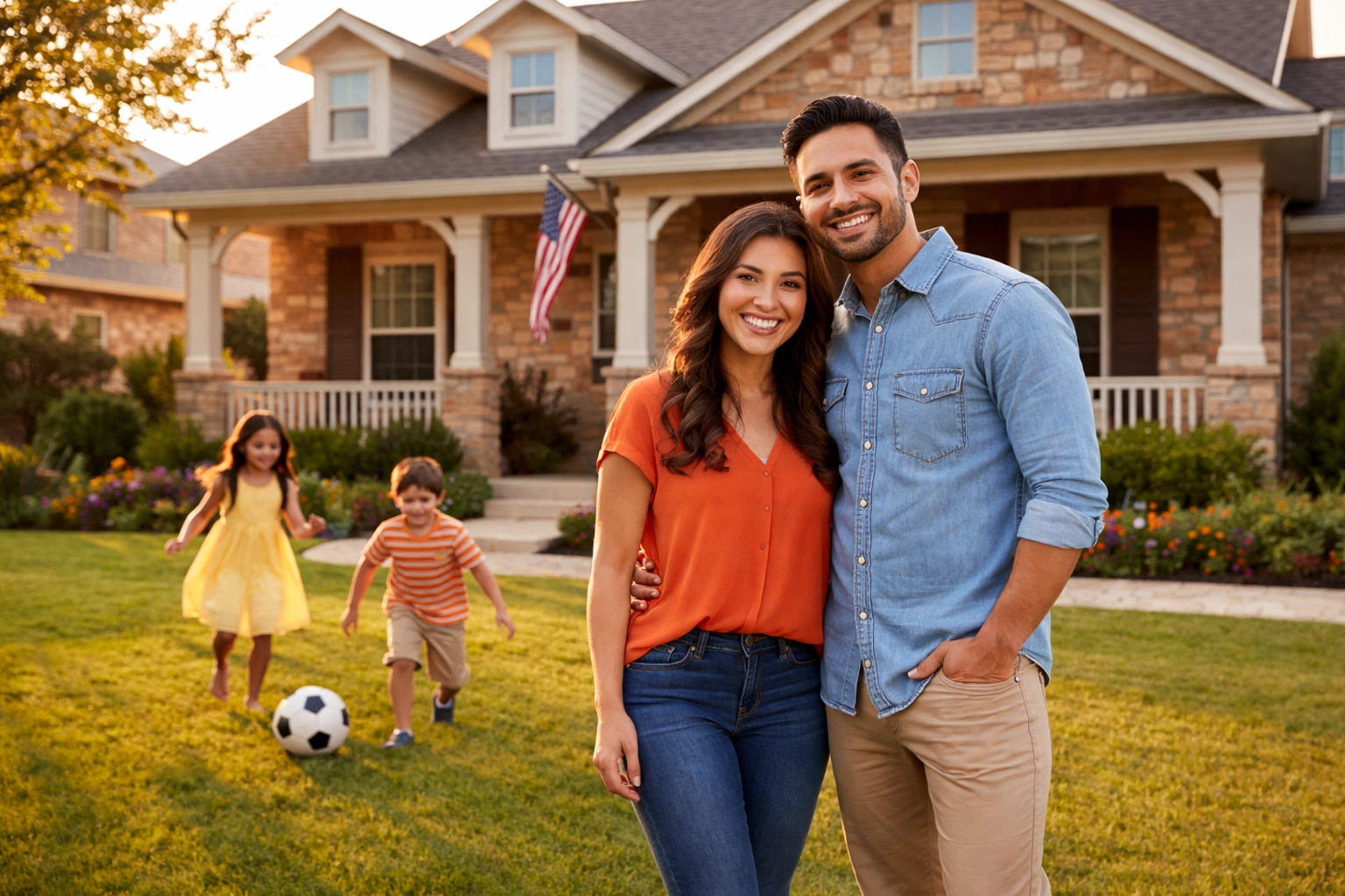 Texas family standing proudly in front of their suburban home protected by life insurance