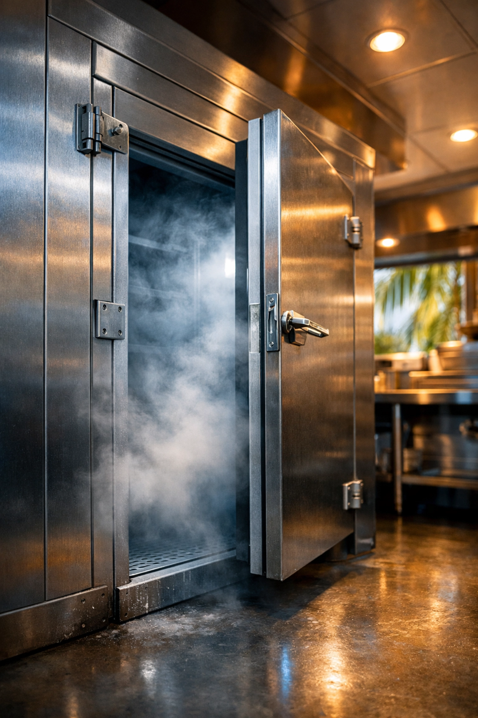 Commercial walk-in refrigerator with cold air escaping showing refrigerant leak in Hawaii kitchen