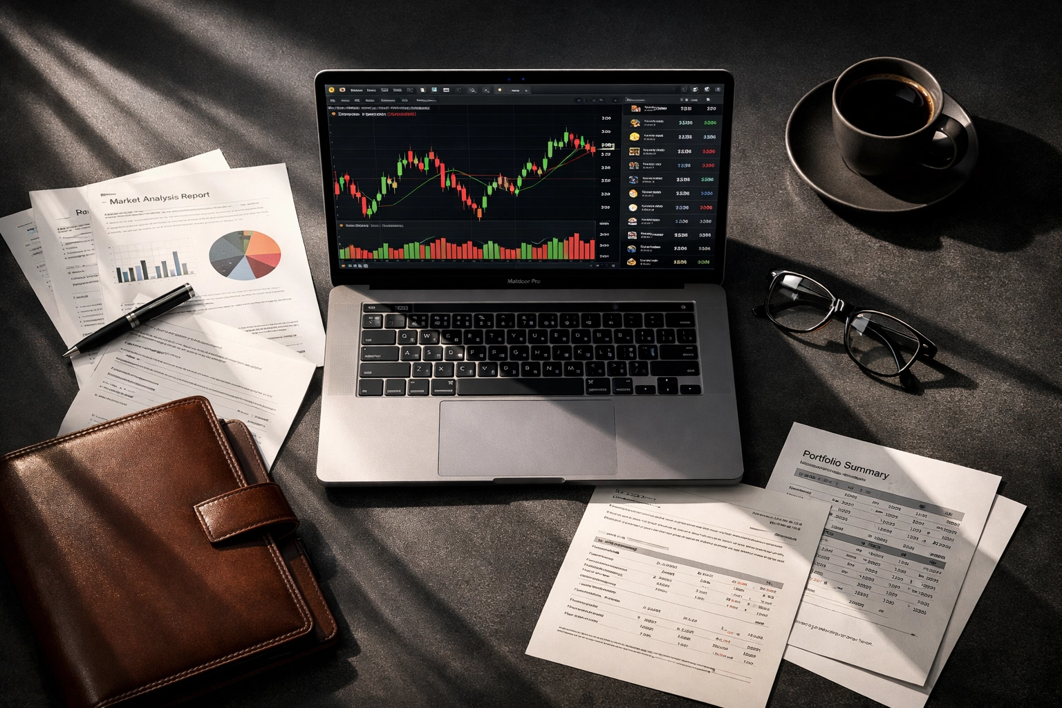 Institutional investor desk with Bitcoin trading charts and portfolio analysis documents
