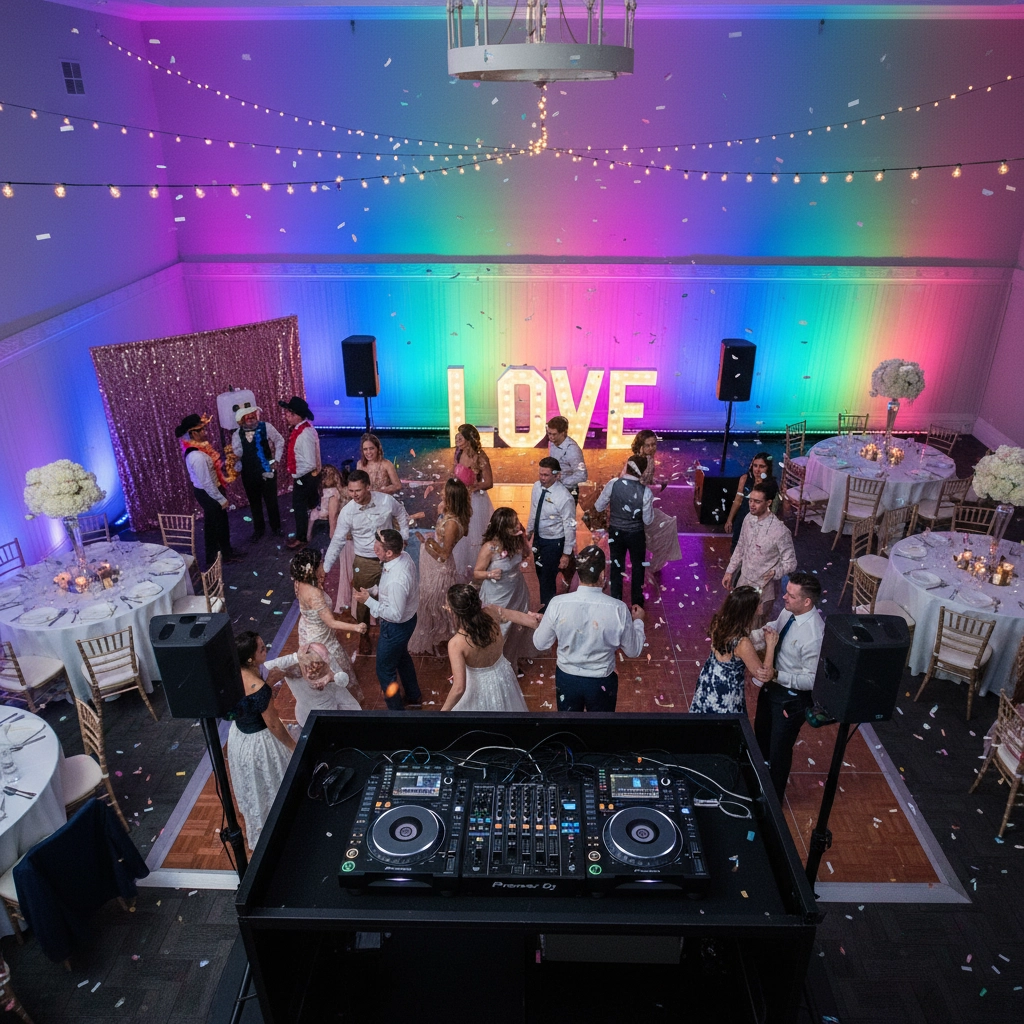 People dancing at a wedding reception under string lights. A DJ booth is in the foreground, with a large "LOVE" sign and rainbow lights behind.