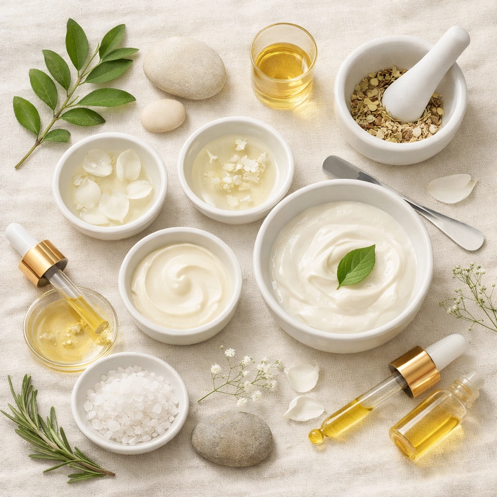 Luxury skincare formulation workspace with botanical ingredients and chemistry tools