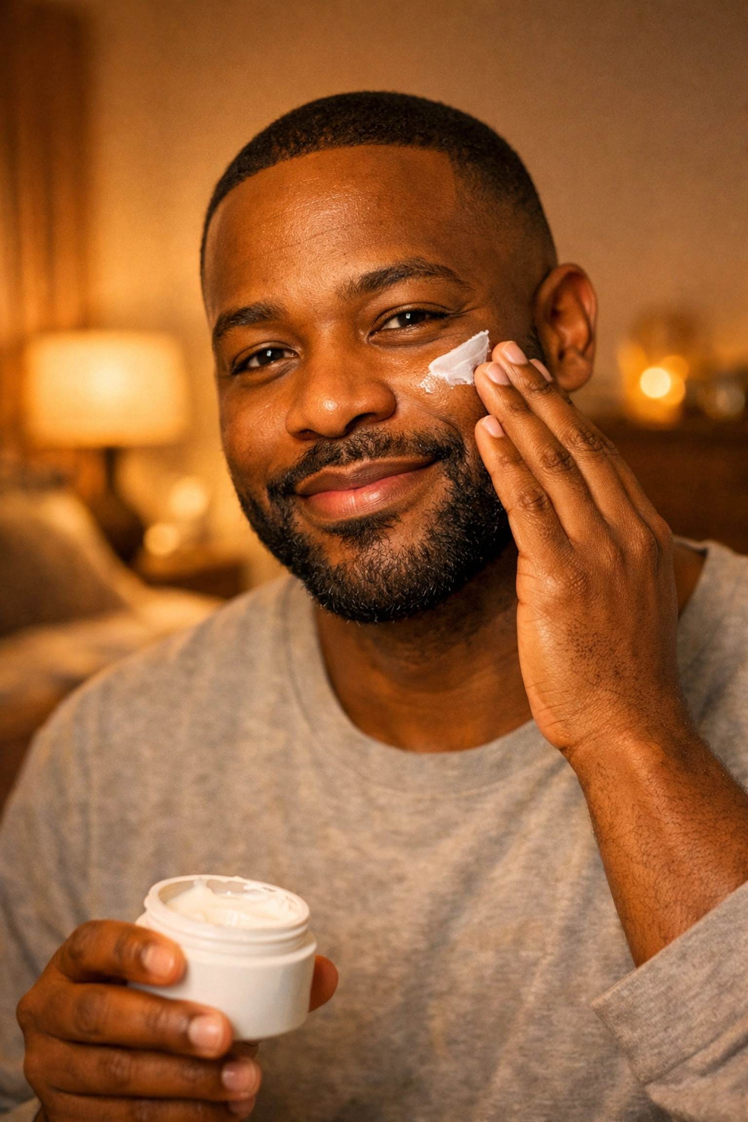 Man applying moisturizer to face during evening skincare routine
