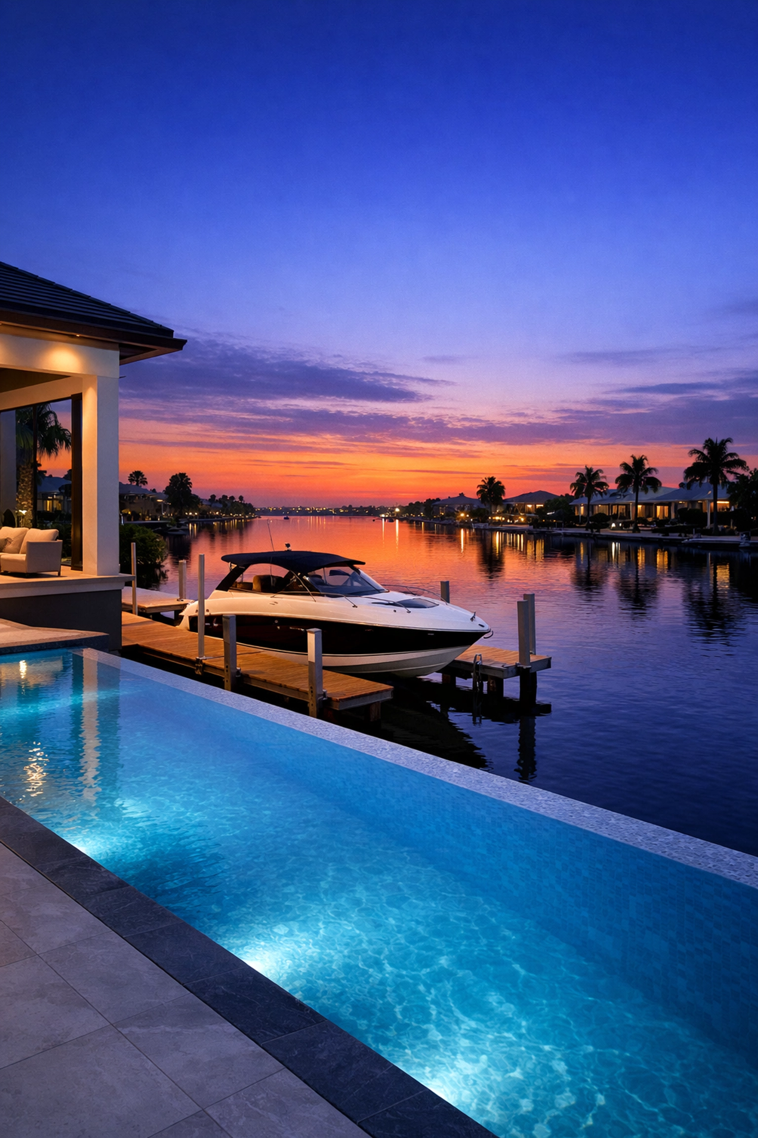 Modern Cape Coral waterfront home featuring a private boat dock and infinity pool.