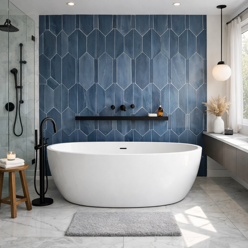 Contemporary bathroom with matte black fixtures and a clean freestanding white tub.