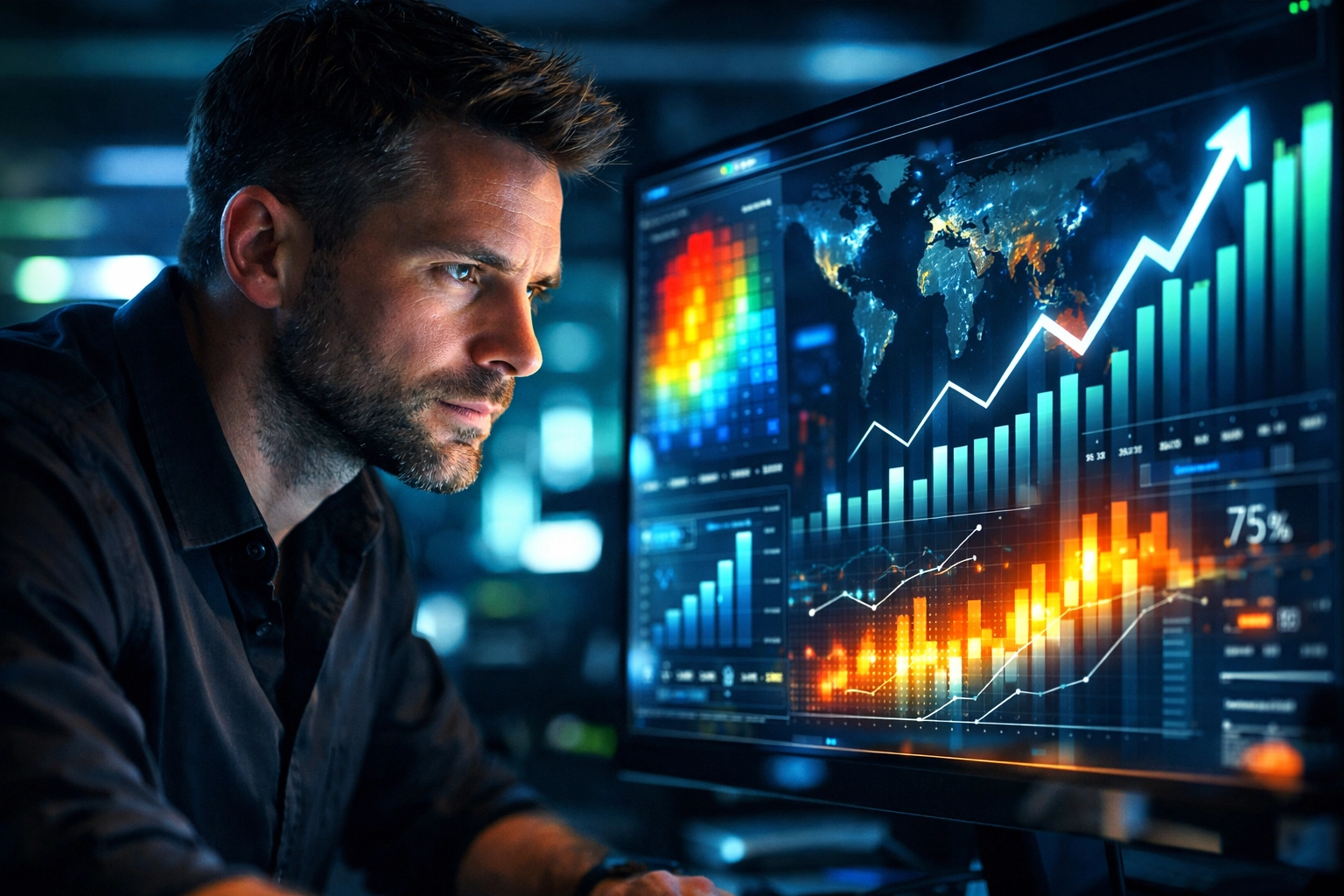 Digital marketing strategist analyzing athlete campaign growth and NIL performance metrics on a screen.