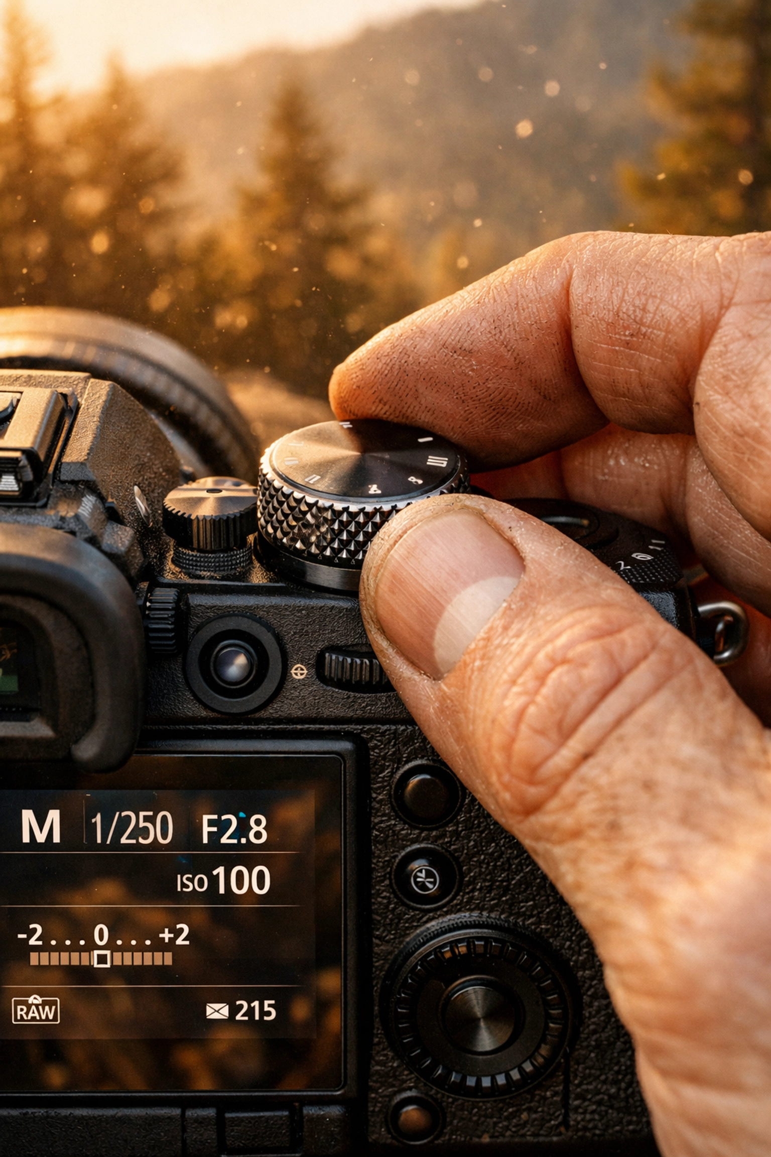 Hands adjusting settings on a manual mode camera during an outdoor photography tutorial session.
