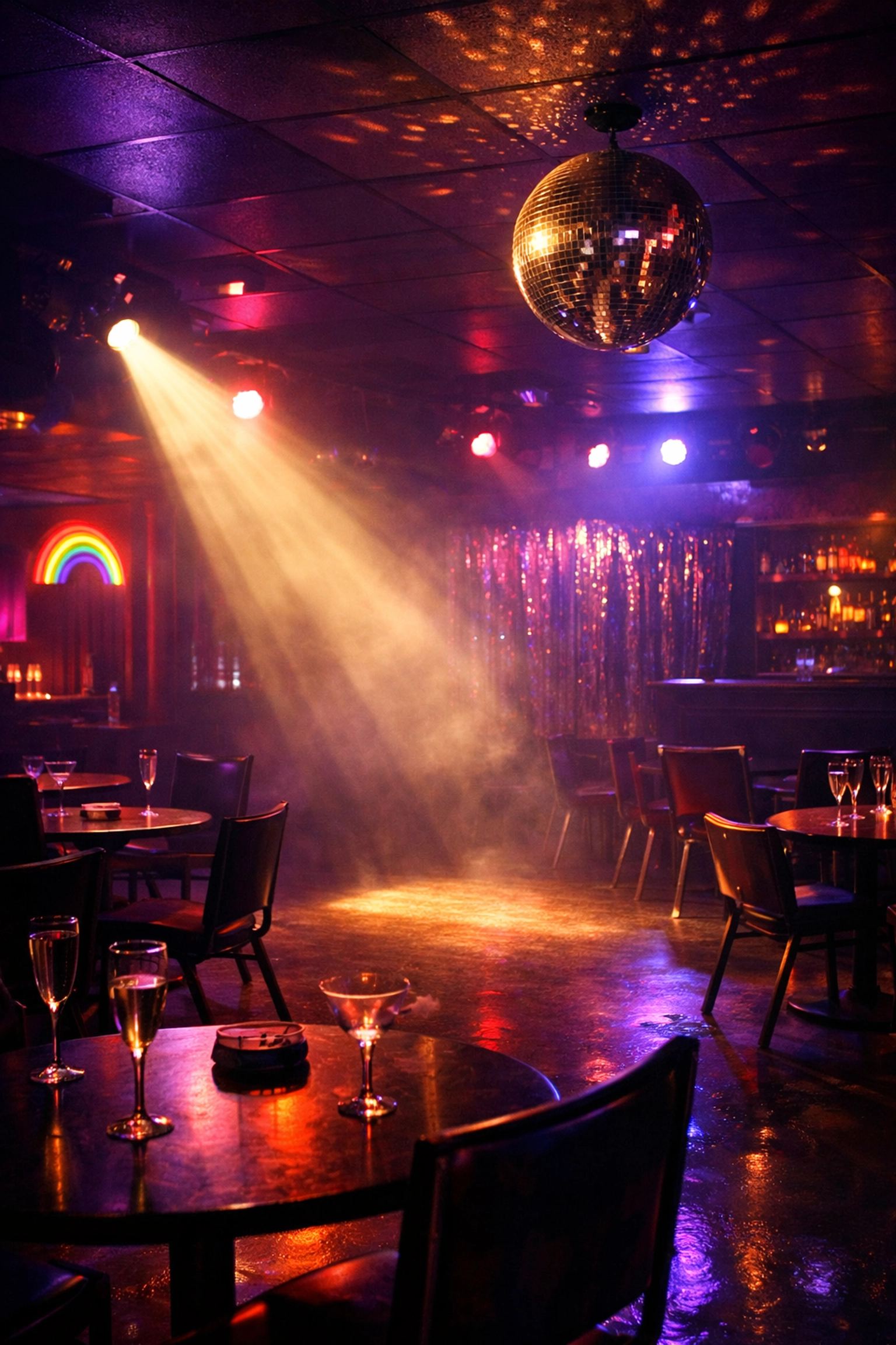 Empty 1970s gay nightclub after hours symbolizing themes from Dancer from the Dance