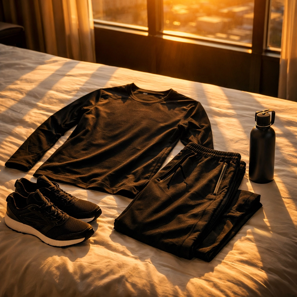 Versatile marathon weekend travel apparel laid out on a hotel bed—layers, joggers, and technical tops for a beginner marathon trip