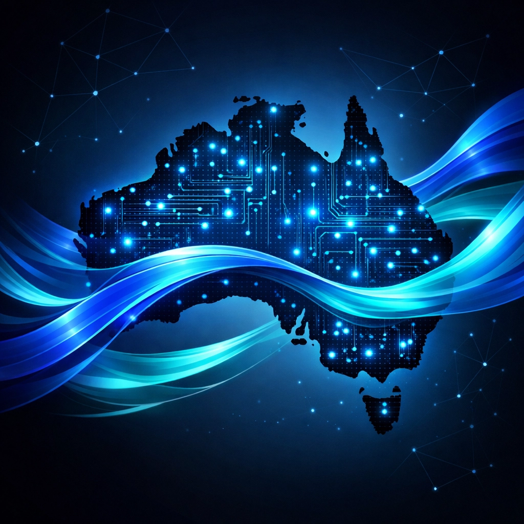 Map of Australia with digital circuits representing global leadership in fintech and tokenized capital flow.