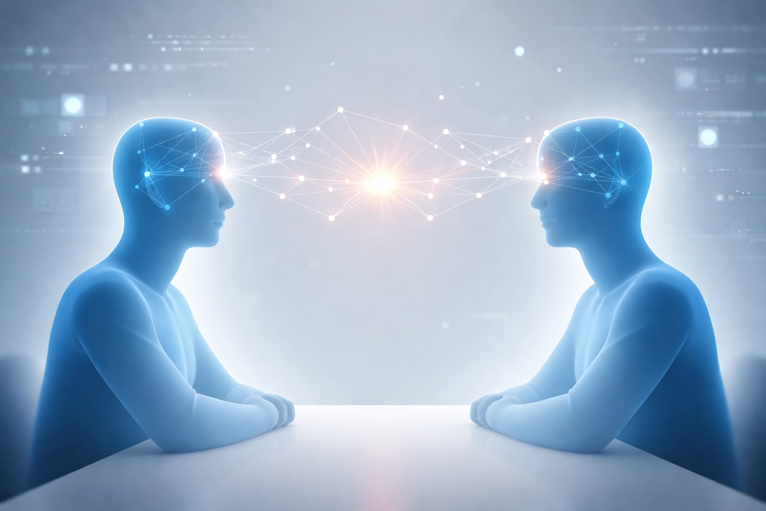 Two blue silhouettes connect across a table with digital lines, representing collaboration in AI-driven workplaces.