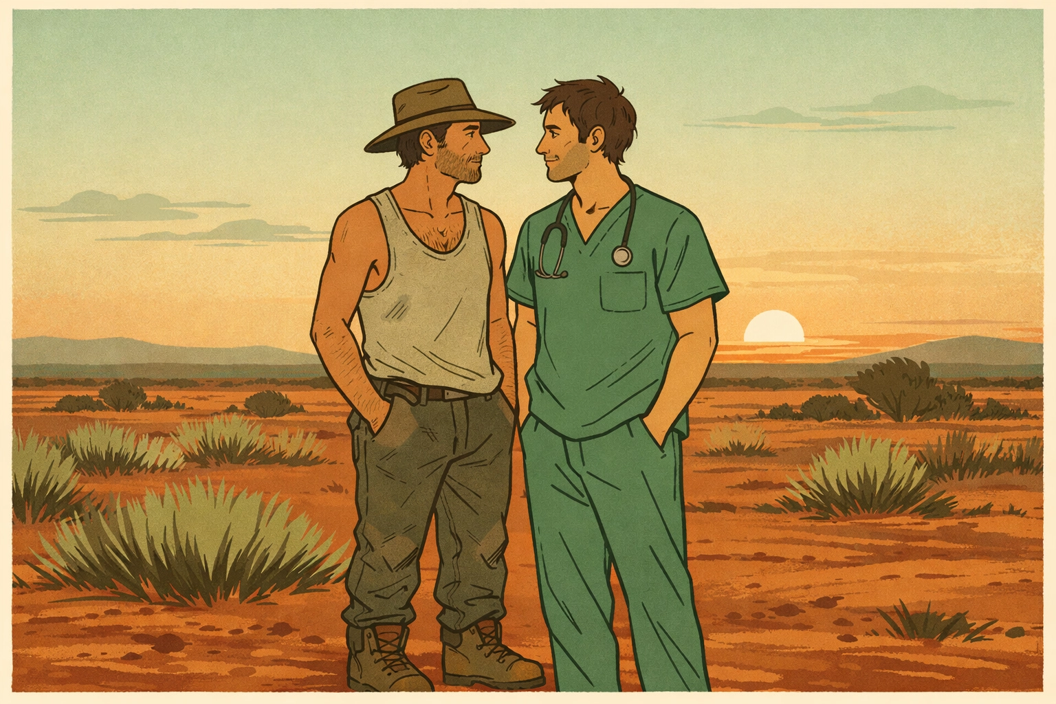 Two men in MM romance - shearer and doctor at sunset in Australian Outback red dust landscape