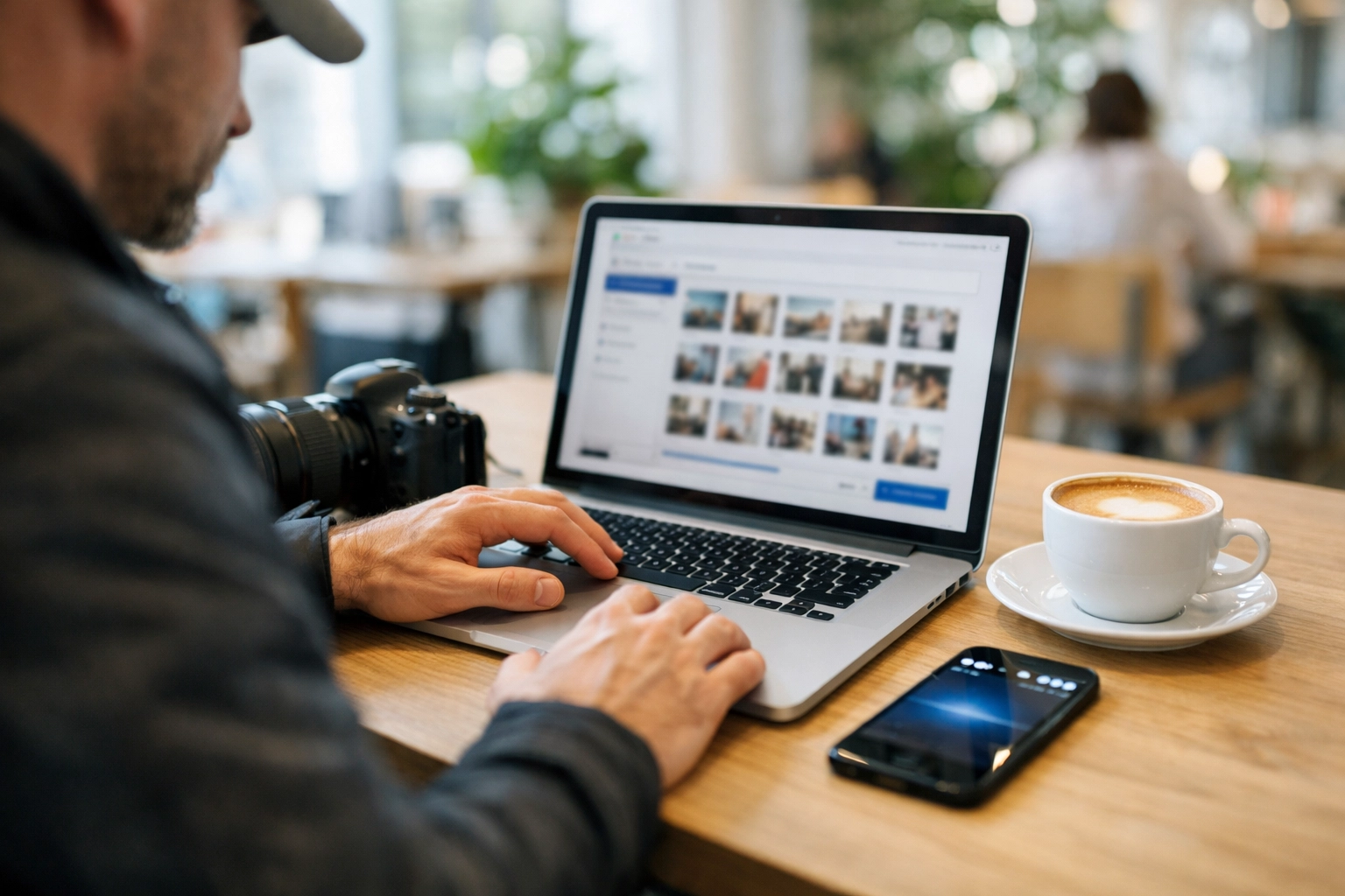 Photographer quickly delivering optimized image files to a client from a laptop in a café.