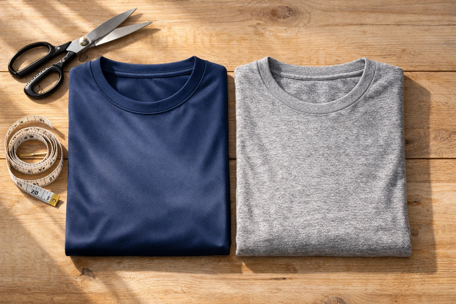 Comparison of a 100% polyester performance shirt and a soft poly-cotton blend for custom sublimation printing.