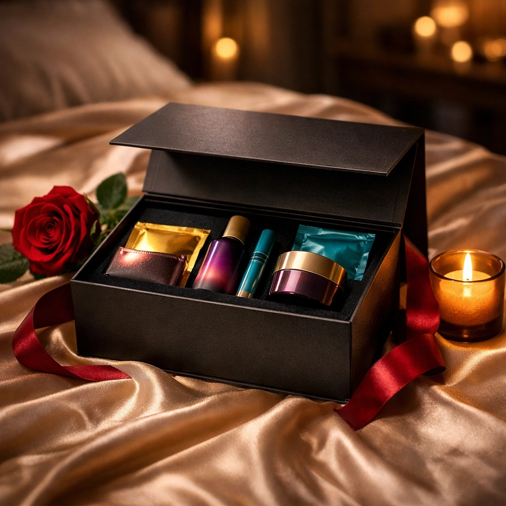 Adventurous intimacy kit and wellness gifts for wife on first night arranged on luxurious silk sheets.