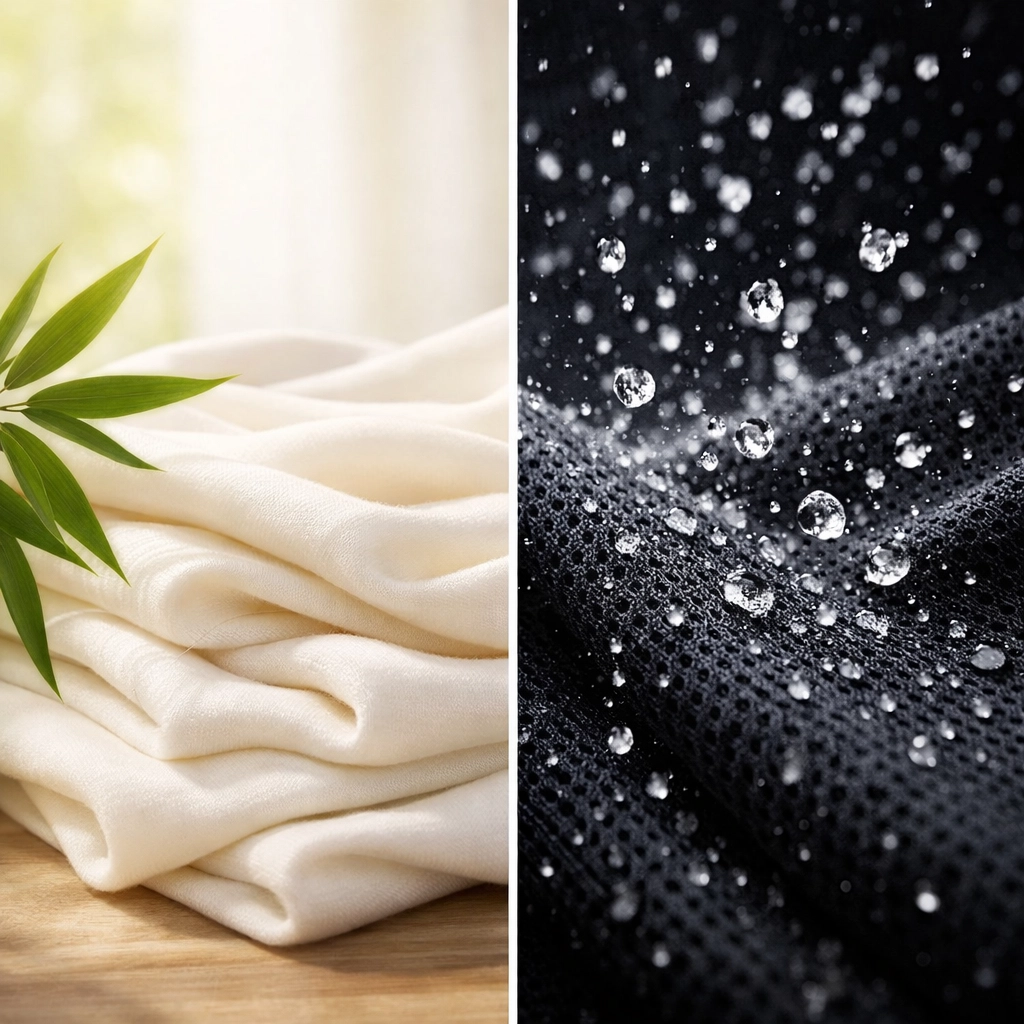 Comparison of breathable bamboo fabric and moisture-wicking performance material for athletic underwear.