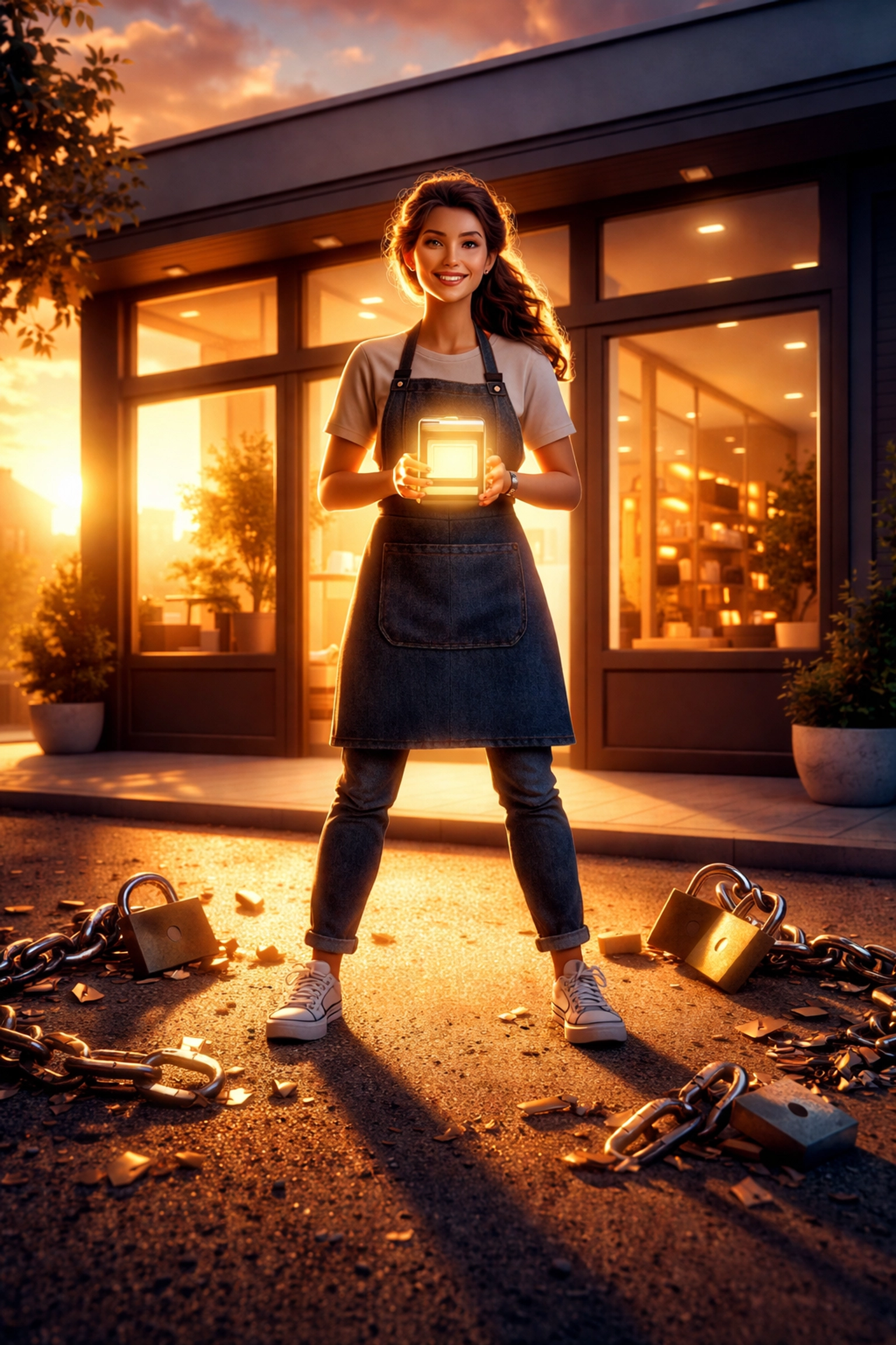 Small business owner celebrating financial freedom and lower fees with Larecoin digital wallet outside their store