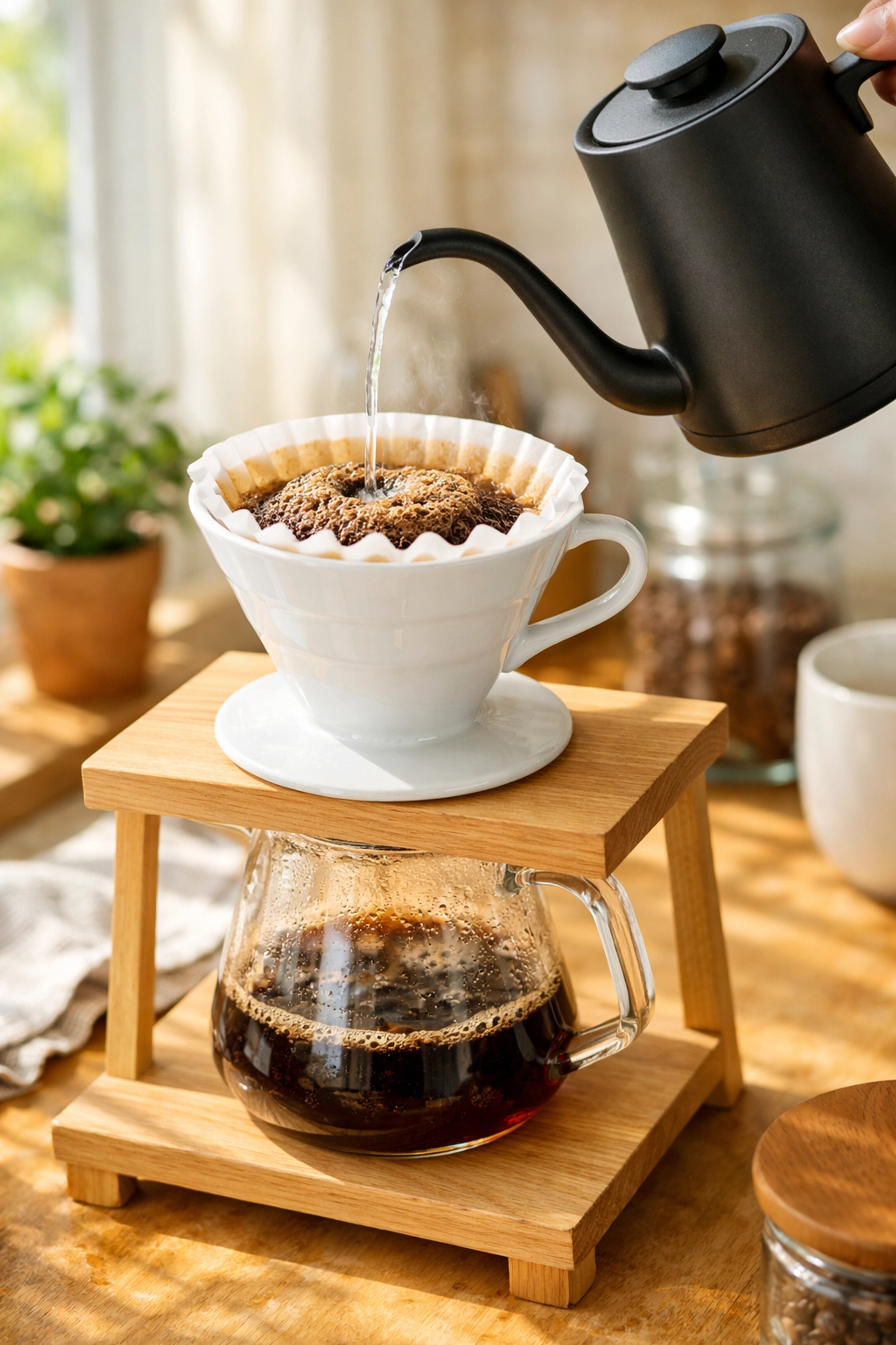 V60 pour-over coffee brewing ritual with blooming grounds and a gooseneck kettle.