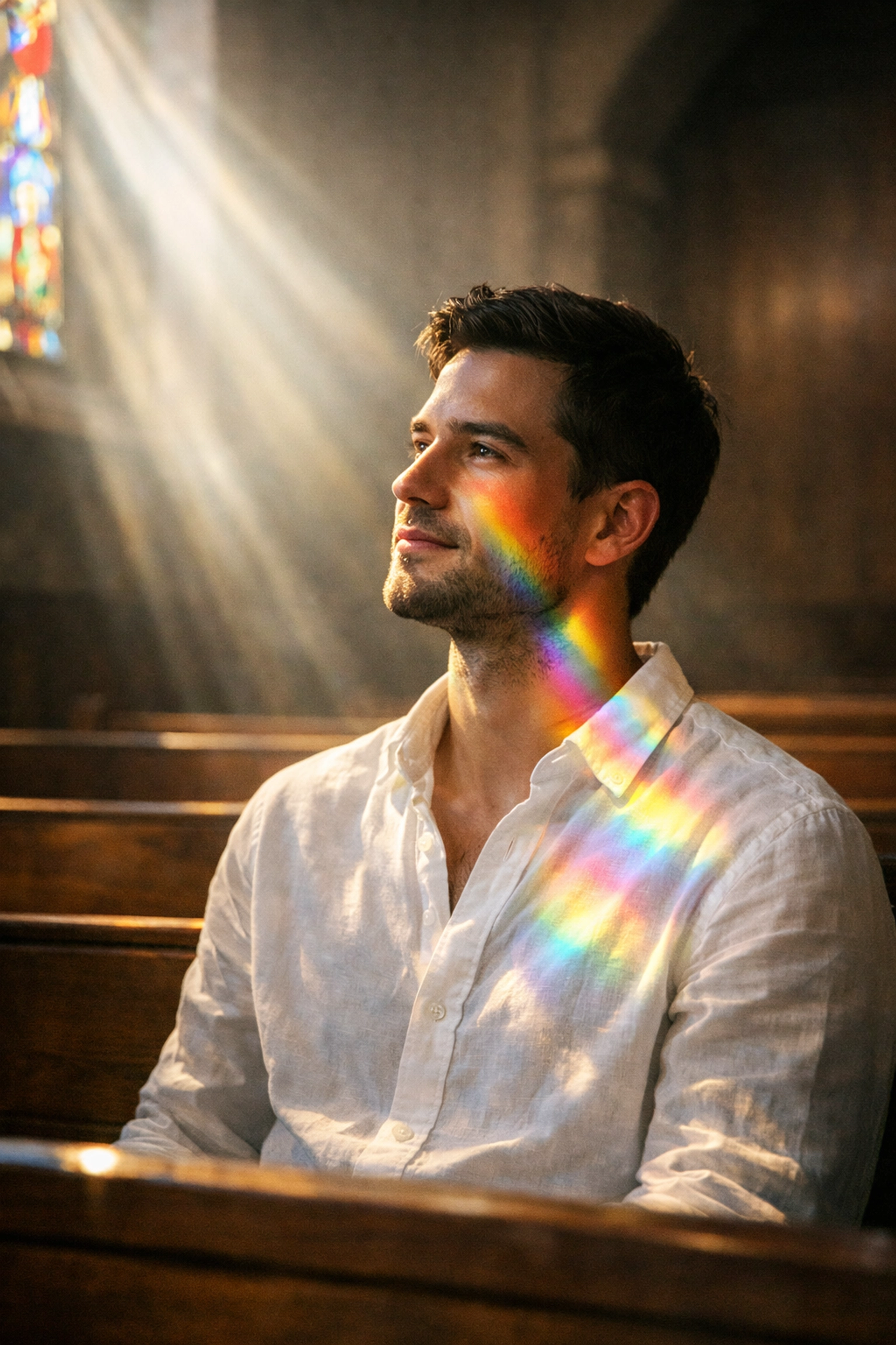 A gay man in a church pew with rainbow light, illustrating the intersection of faith and LGBTQ+ identity.