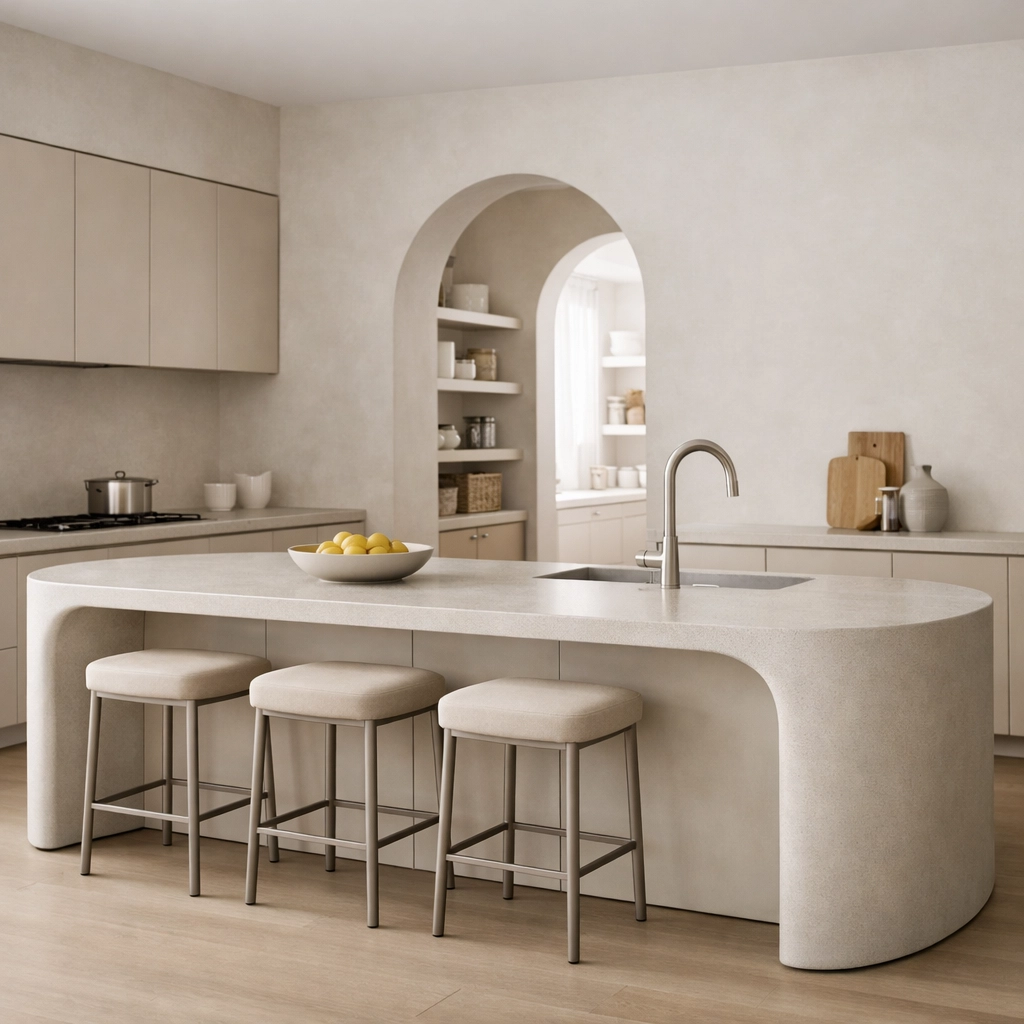 Modern kitchen island with soft curved ends for a contemporary Red Deer renovation project.