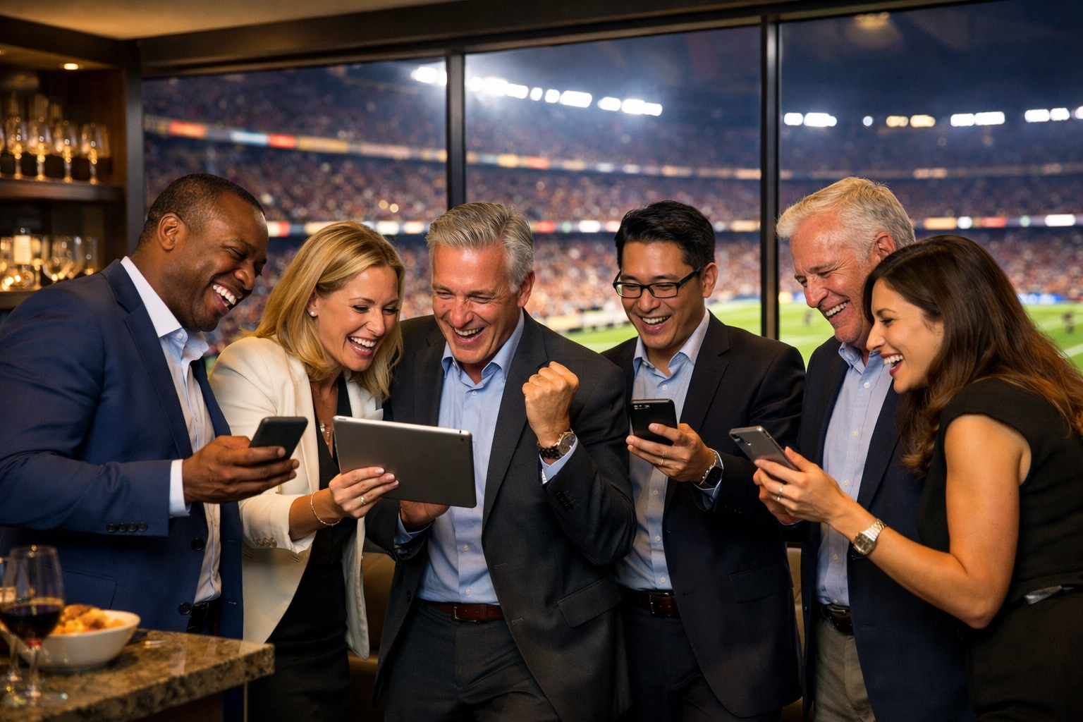 The Ultimate Guide to Super Bowl Sports Marketing: Everything You Need to Succeed in Executive Branding Executives networking in a luxury stadium suite during a major sporting event, highlighting high-end brand engagement.