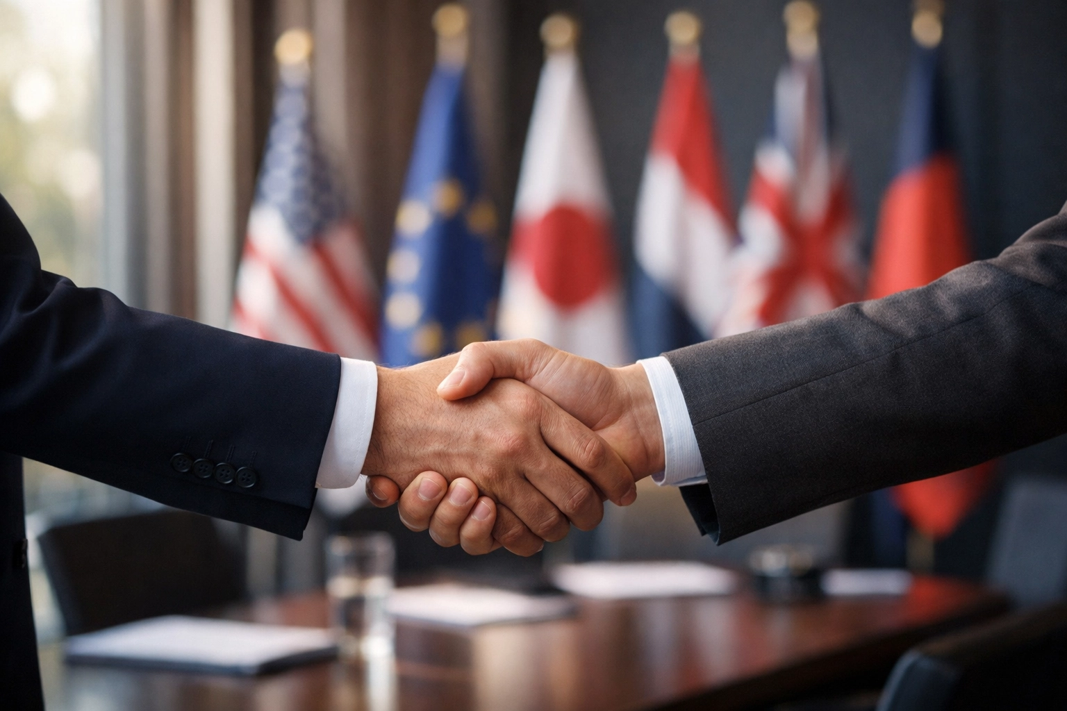 International business partnership handshake with multiple country flags in conference room