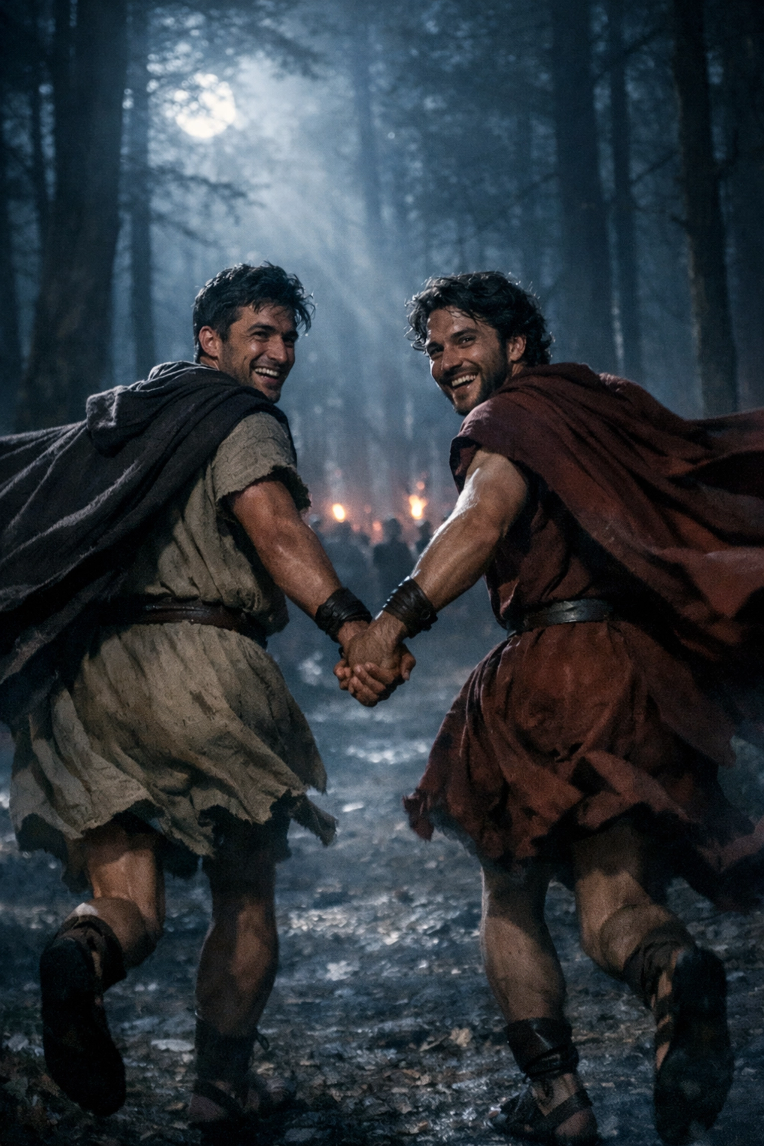 Two men holding hands fleeing through moonlit forest during banned Bacchanalia festival