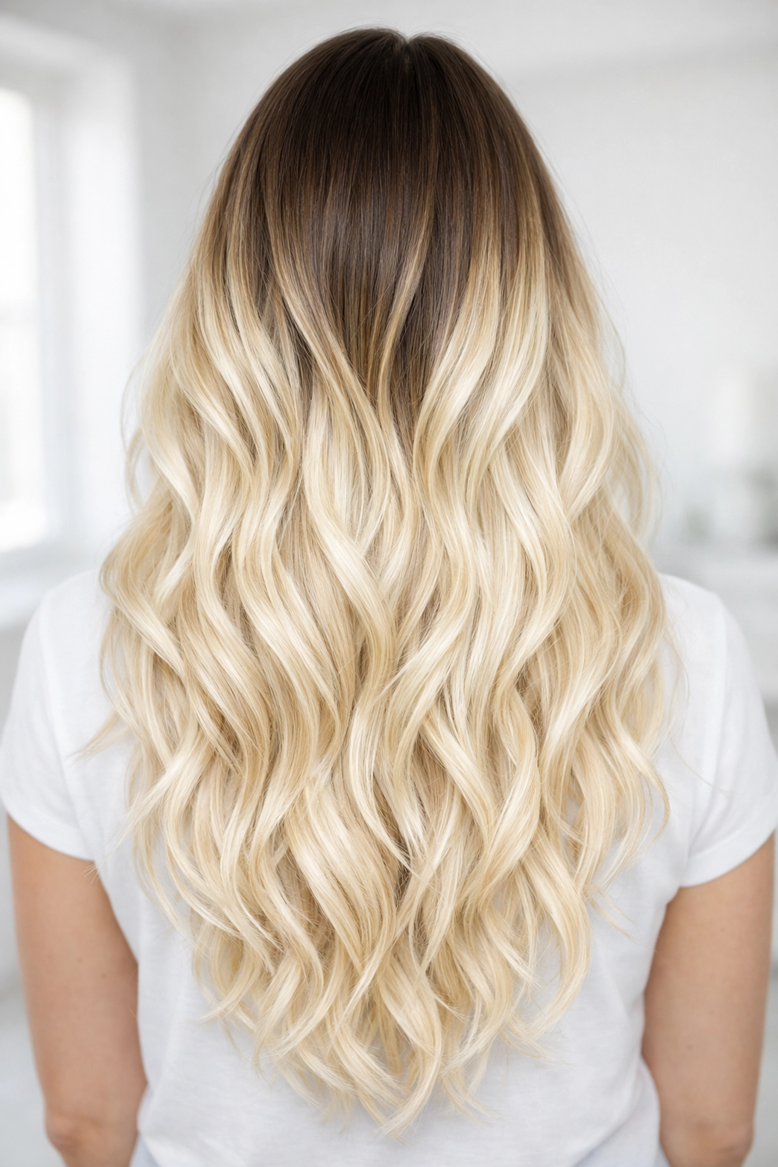 Professional hair color transformation showing seamless blonde ribbons and soft waves in Concord NH.