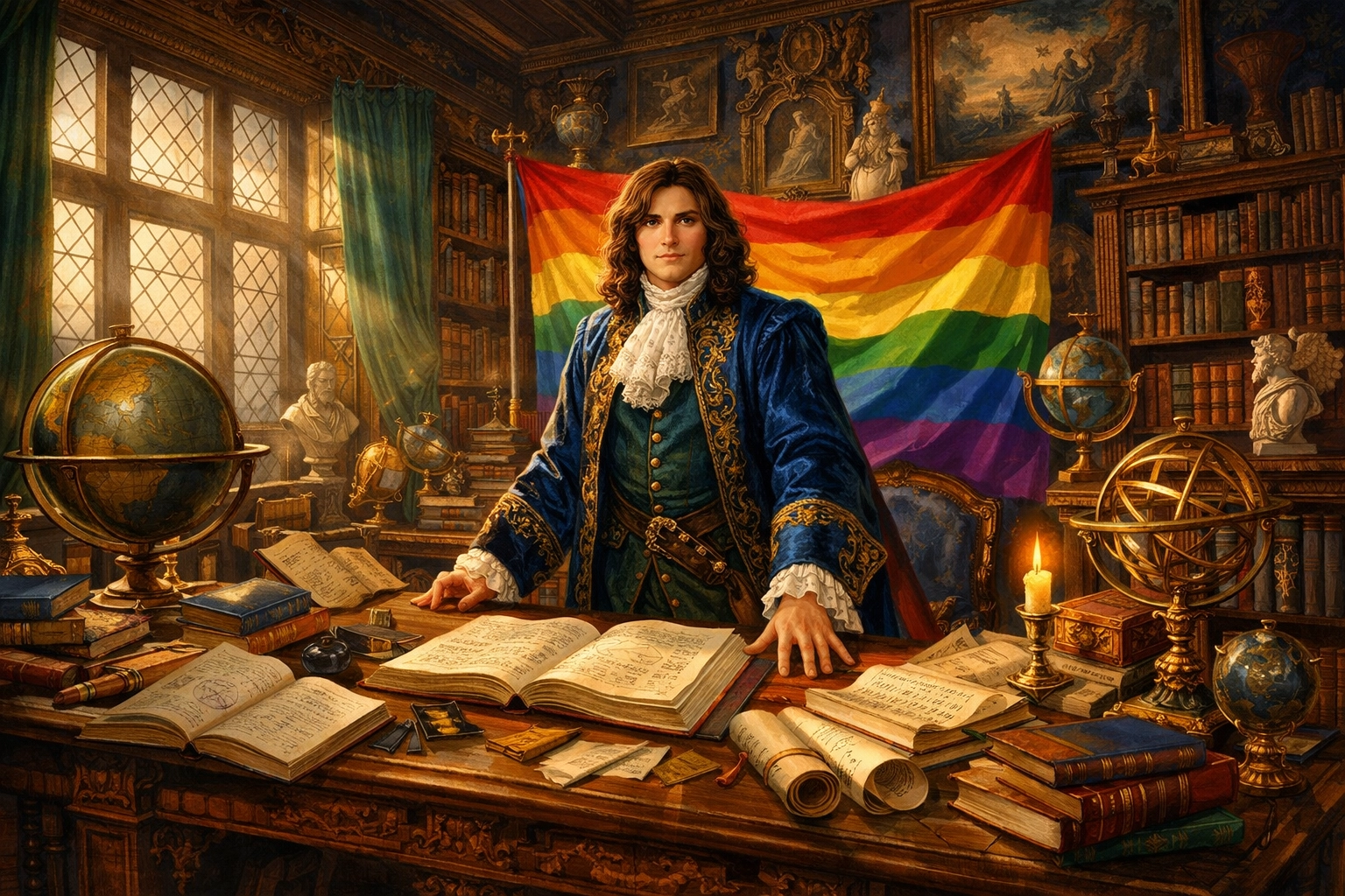 Christina of Sweden's intellectual salon filled with books and scientific instruments