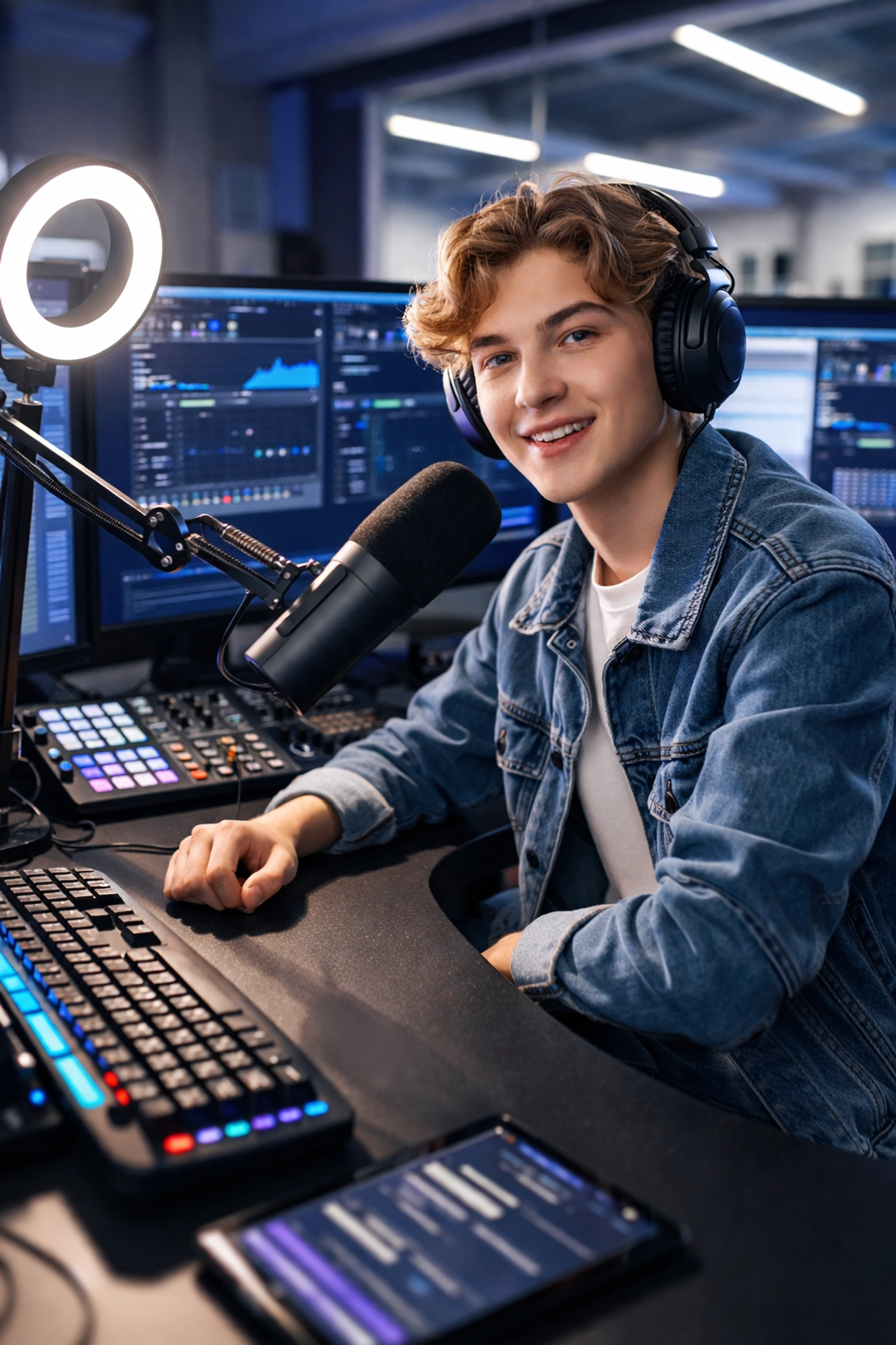 Teenage student creates content at a professional streaming desk in a high school media lab, showcasing digital career preparation.