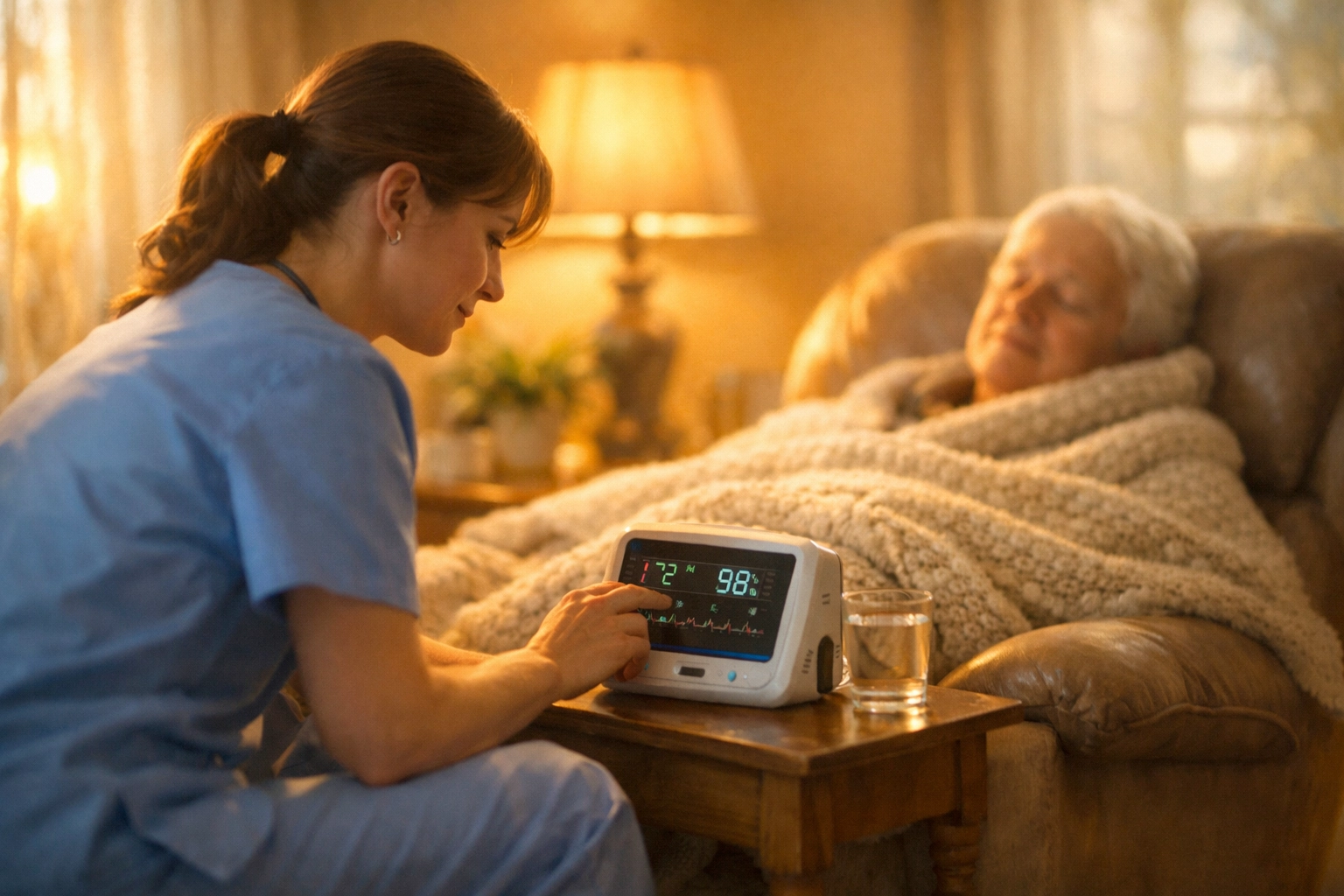 Private duty nurse in Houston monitoring a patient's vitals during a continuous care shift at home.
