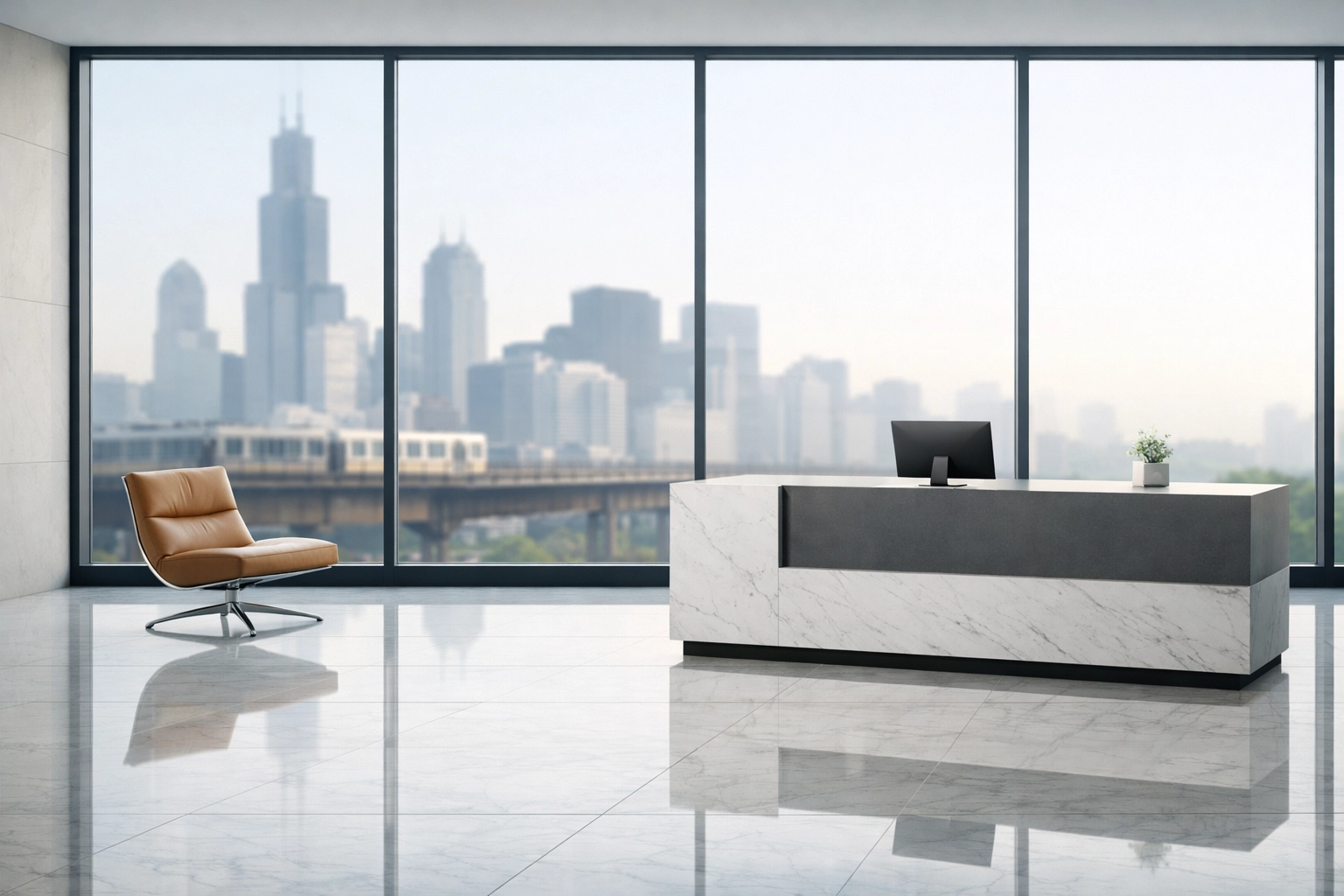 Polished marble lobby floor in a downtown Chicago office building reflecting natural morning light.