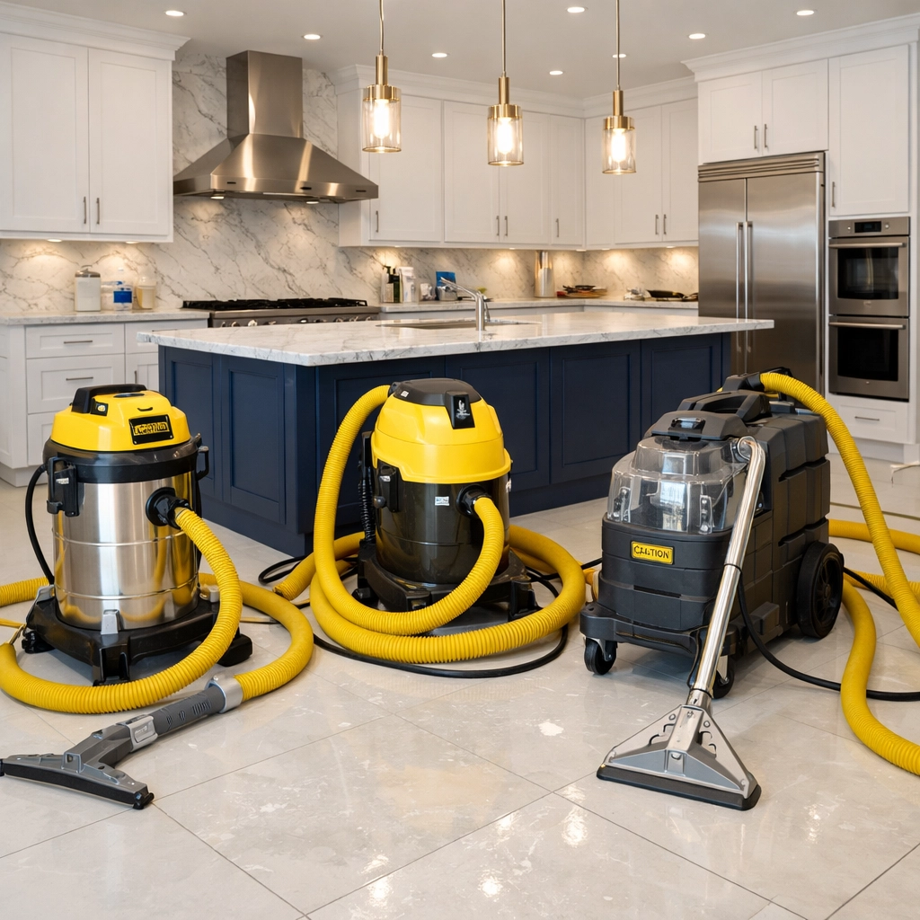 Professional equipment prepared for post construction cleaning Milford in a modern luxury kitchen remodel.